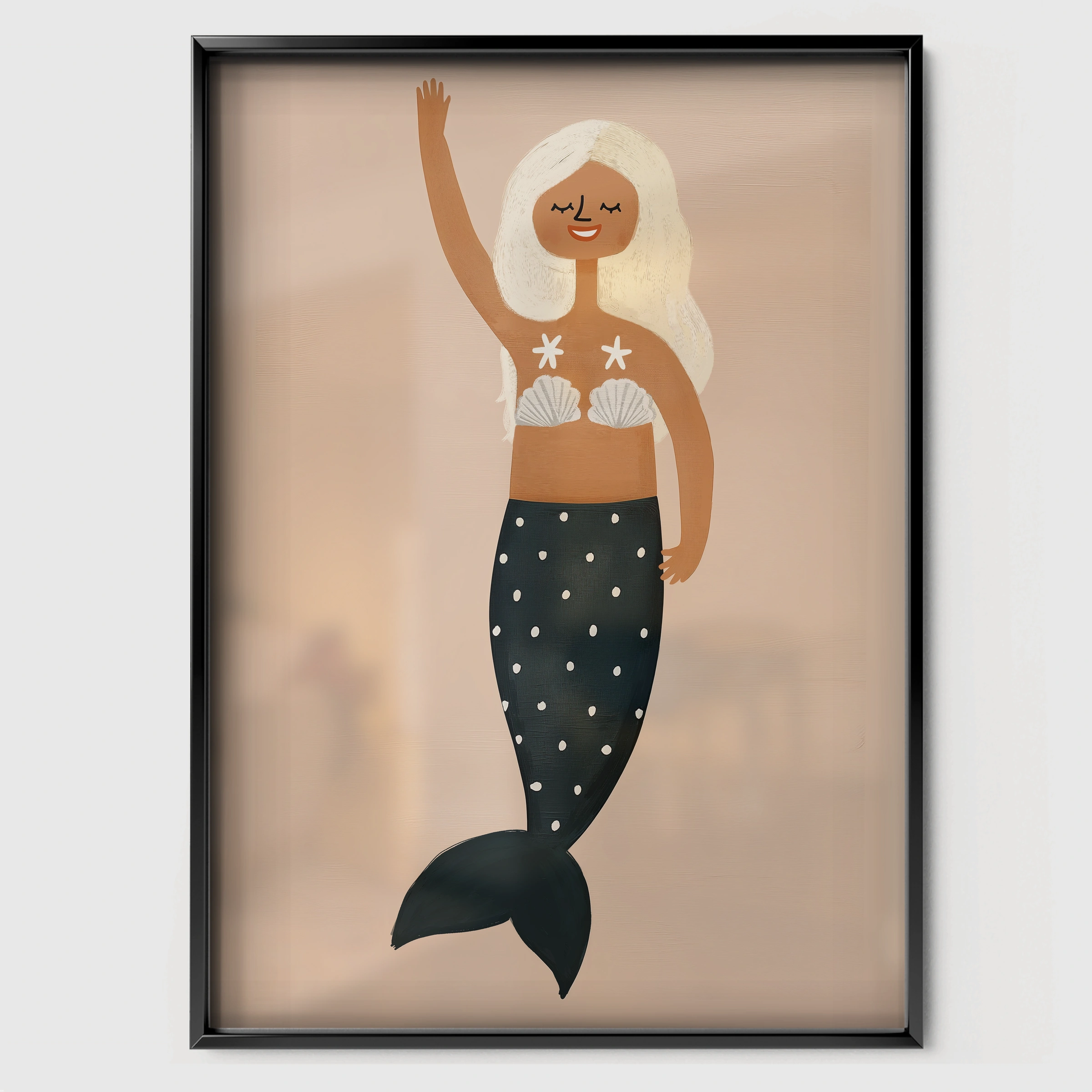 Golden Mermaid Nursery Print - black framed nursery wall art print