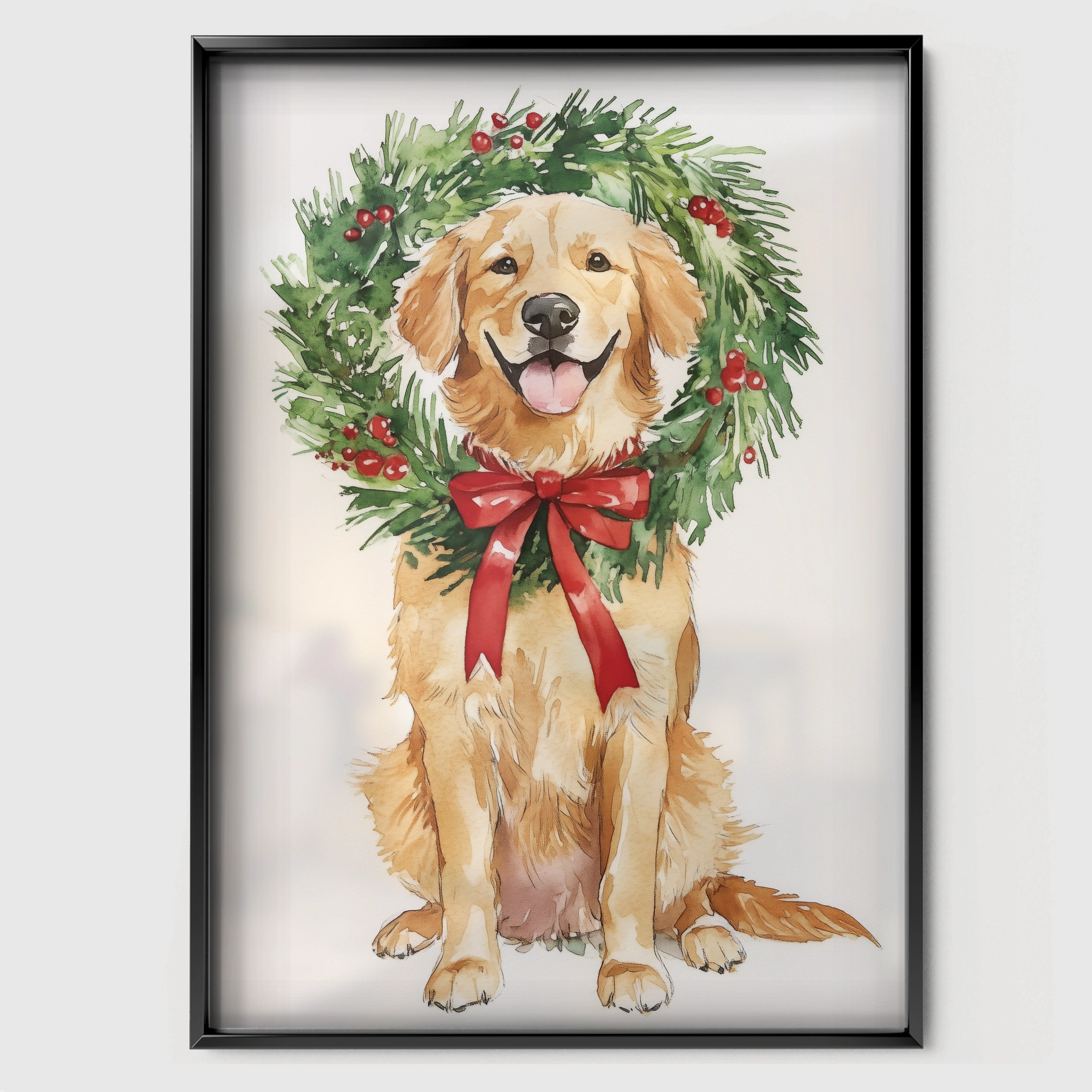 Golden Retriever with a Wreath Christmas Print - black framed nursery wall art print