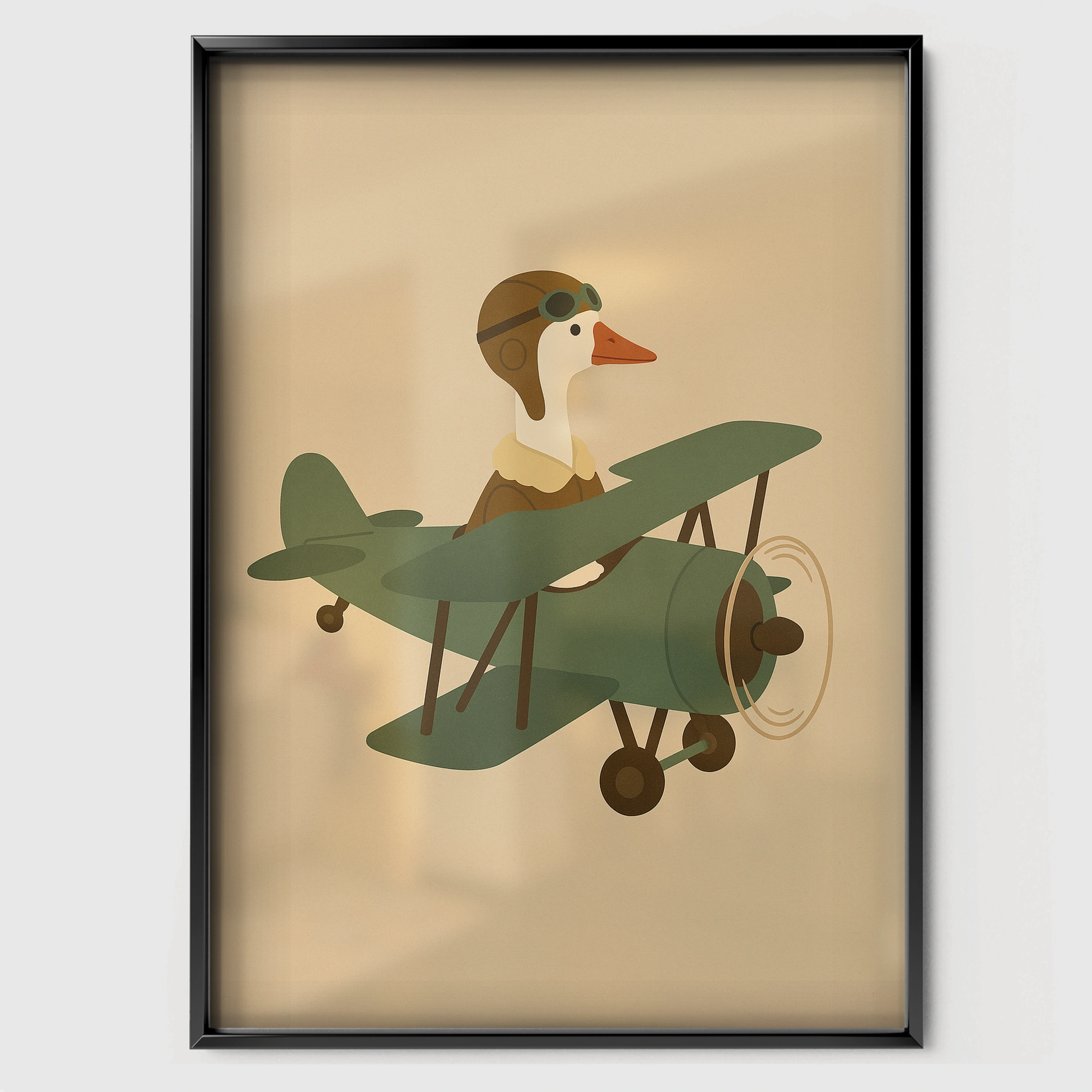 Goose Aviator in a Plane Nursery Print - black framed nursery wall art print