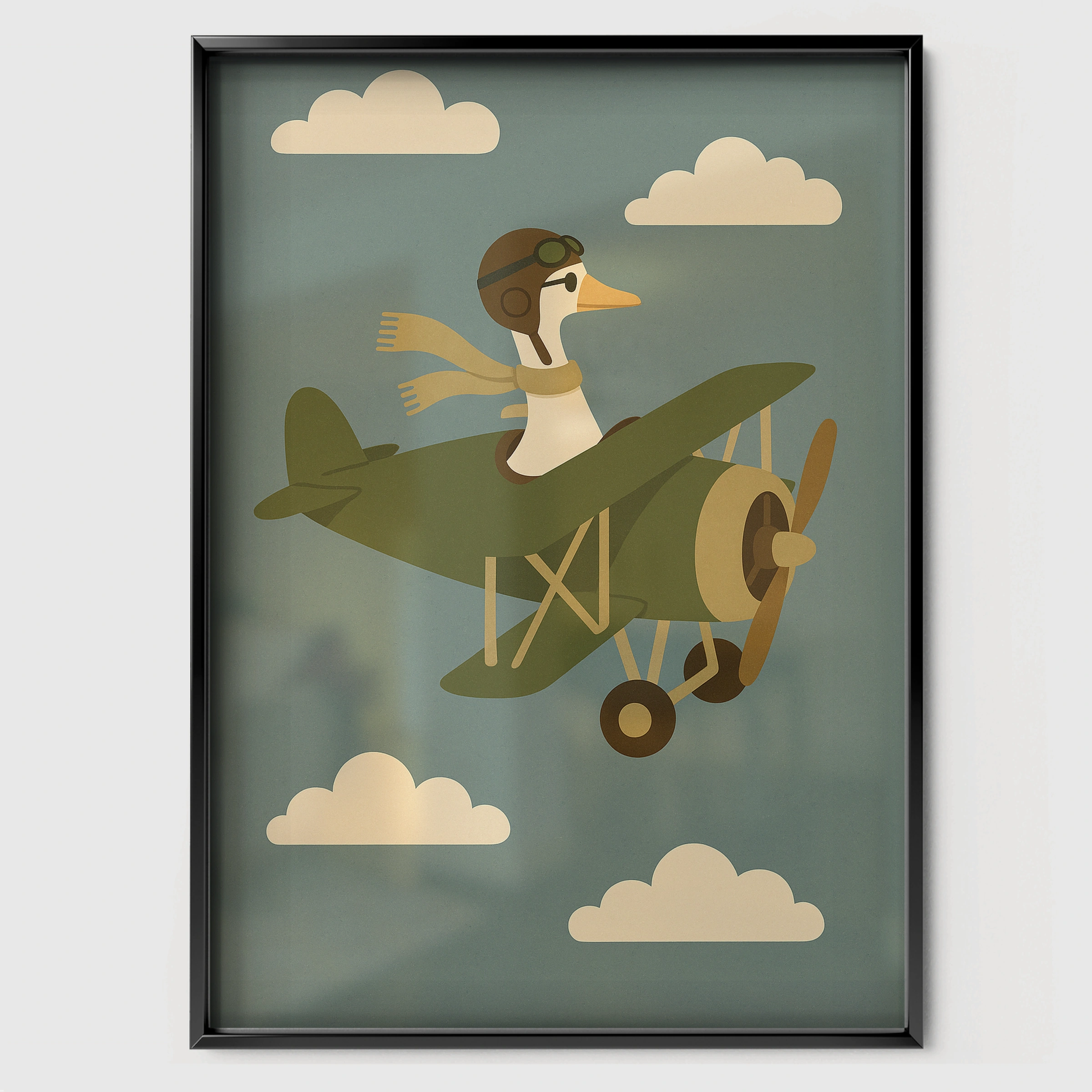 Goose in a Plane Nursery Print - black framed nursery wall art print