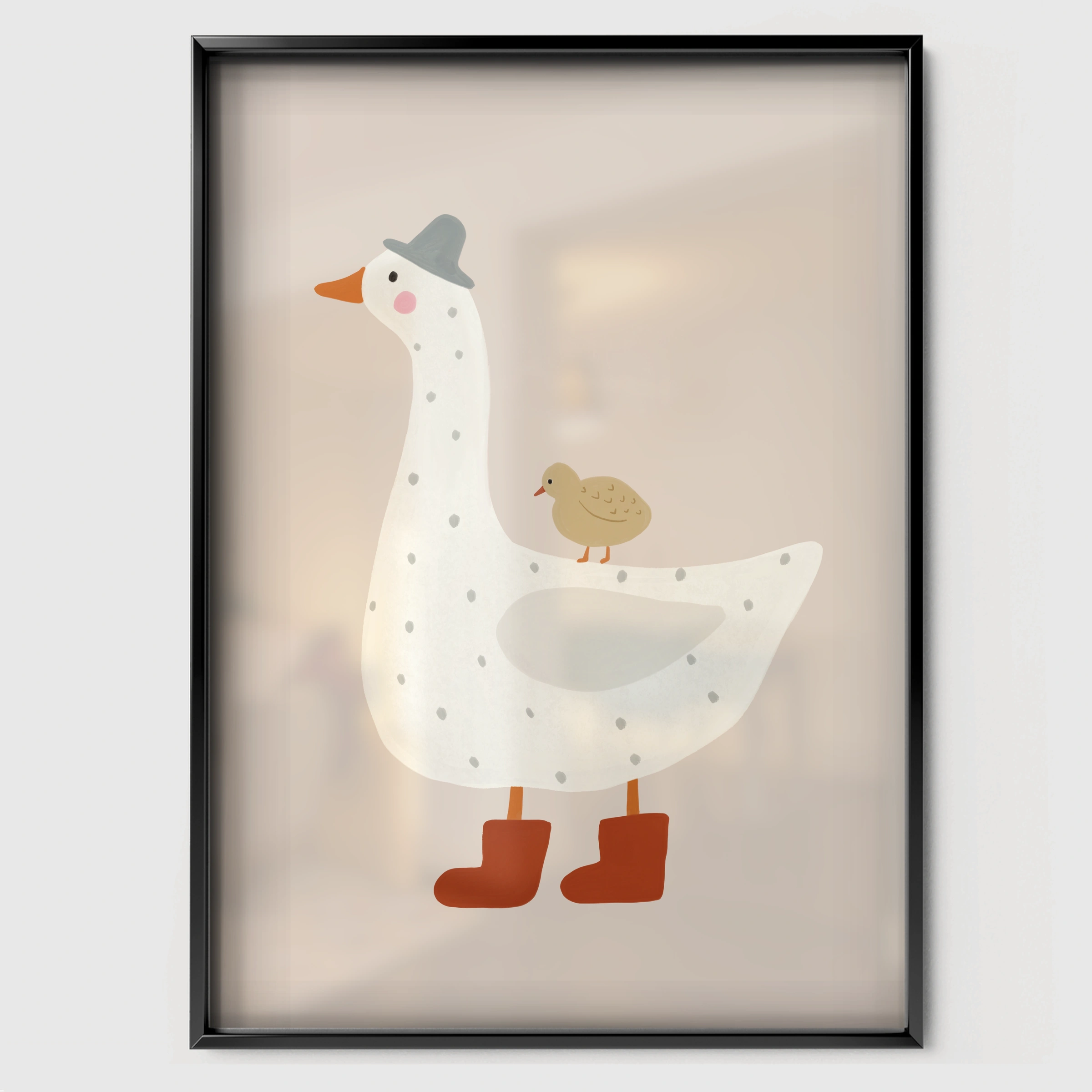 Goose in Boots Nursery Print - black framed nursery wall art print