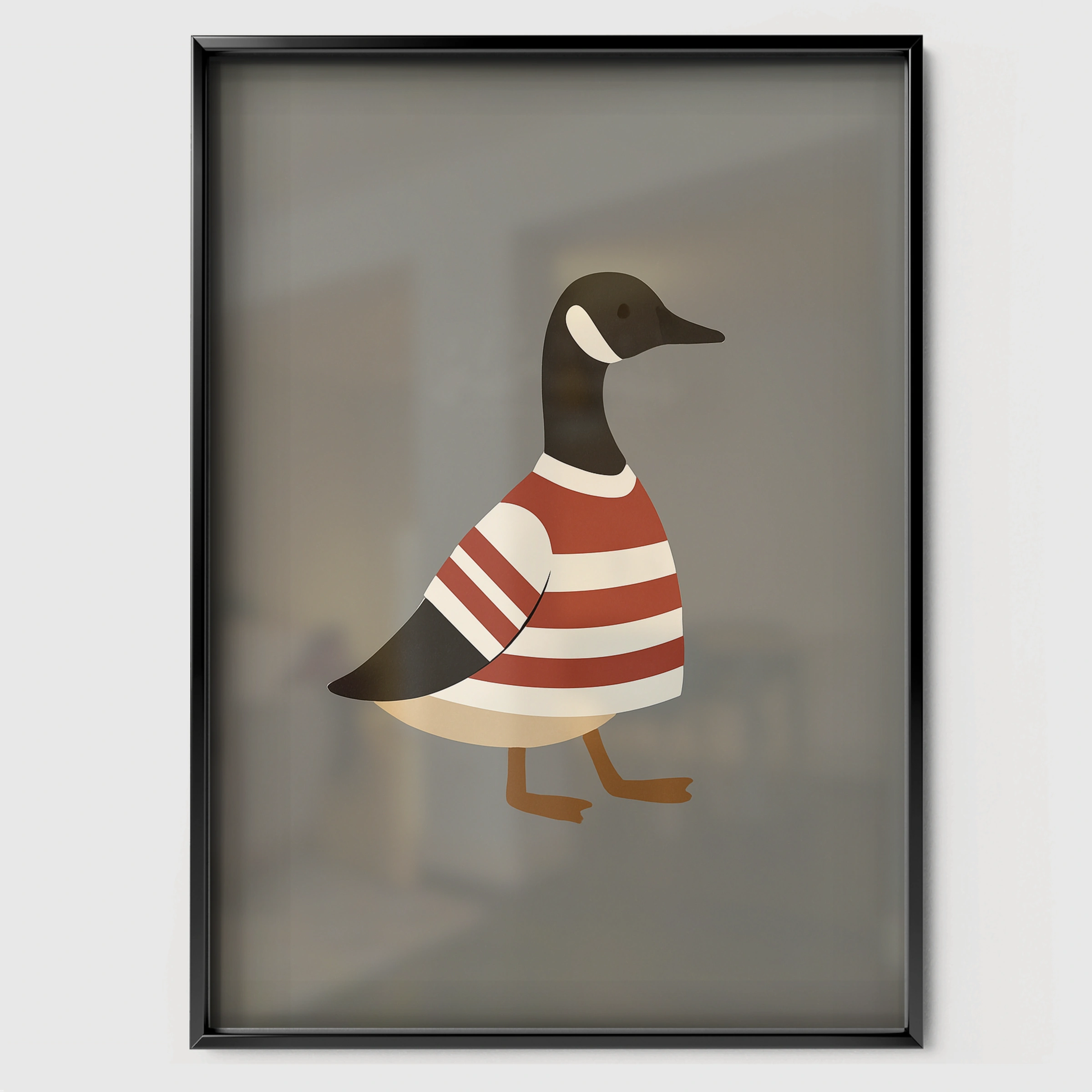 Goose in Stripes Nursery Print - black framed nursery wall art print