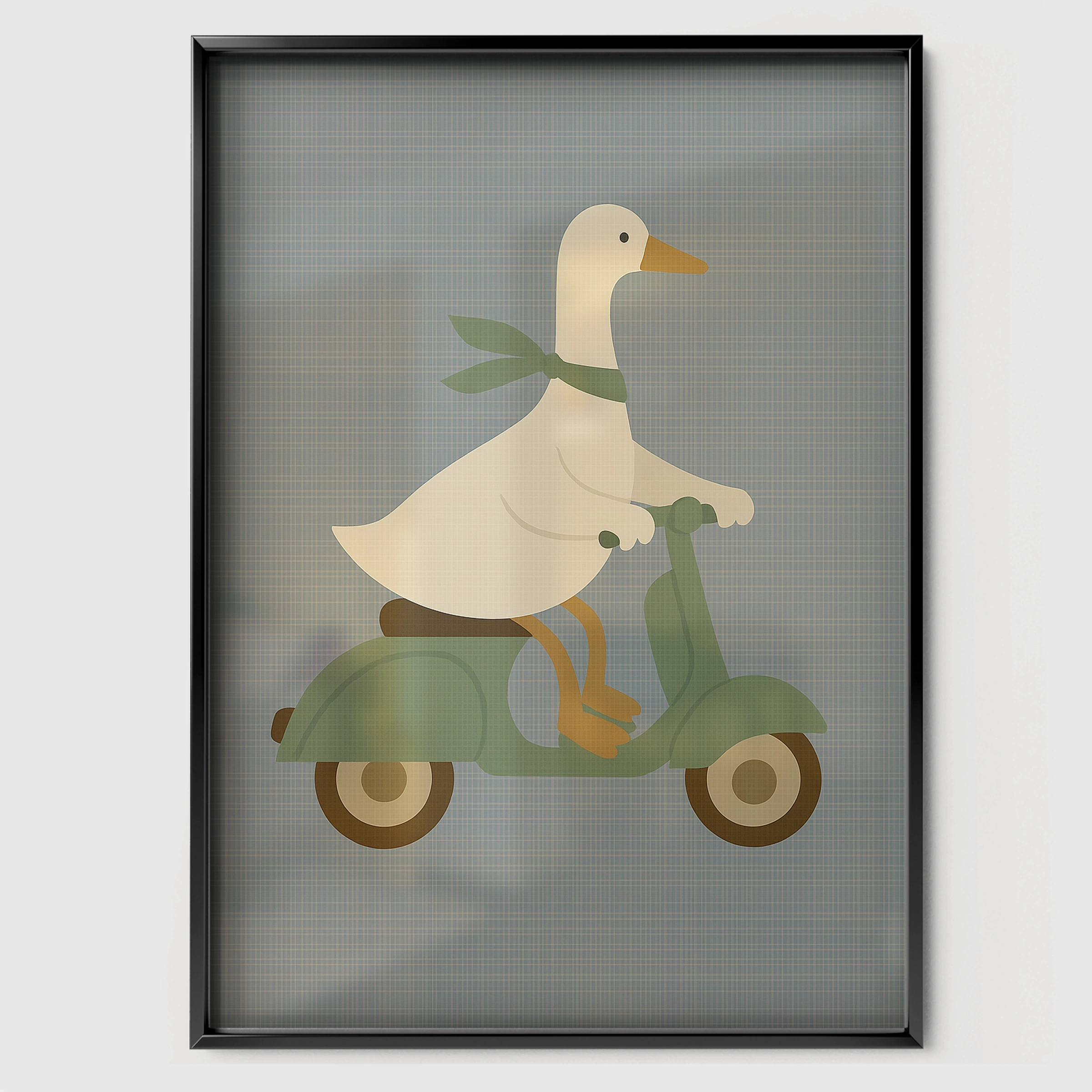 Goose on a Scooter Nursery Print - black framed nursery wall art print
