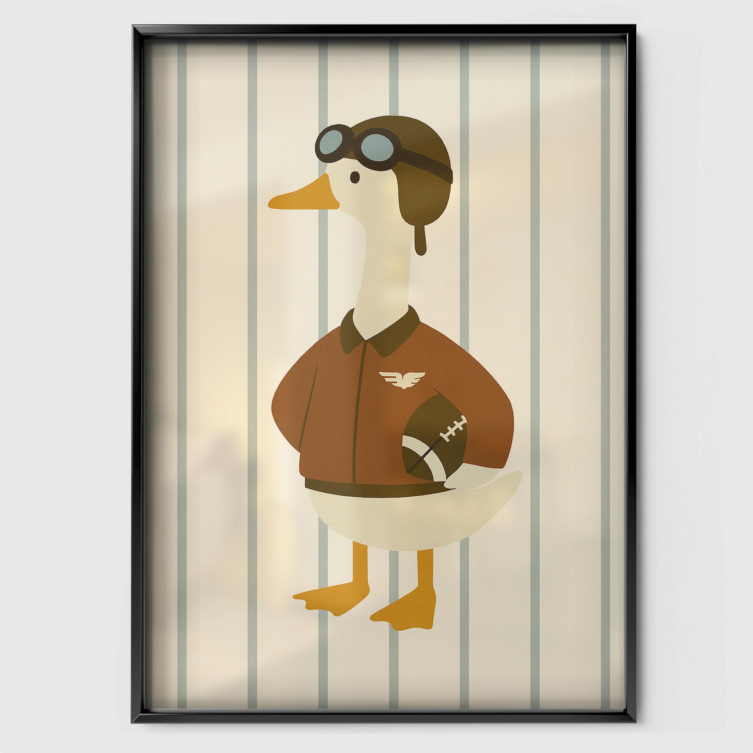 Goose with a Football Nursery Print - black framed nursery wall art print