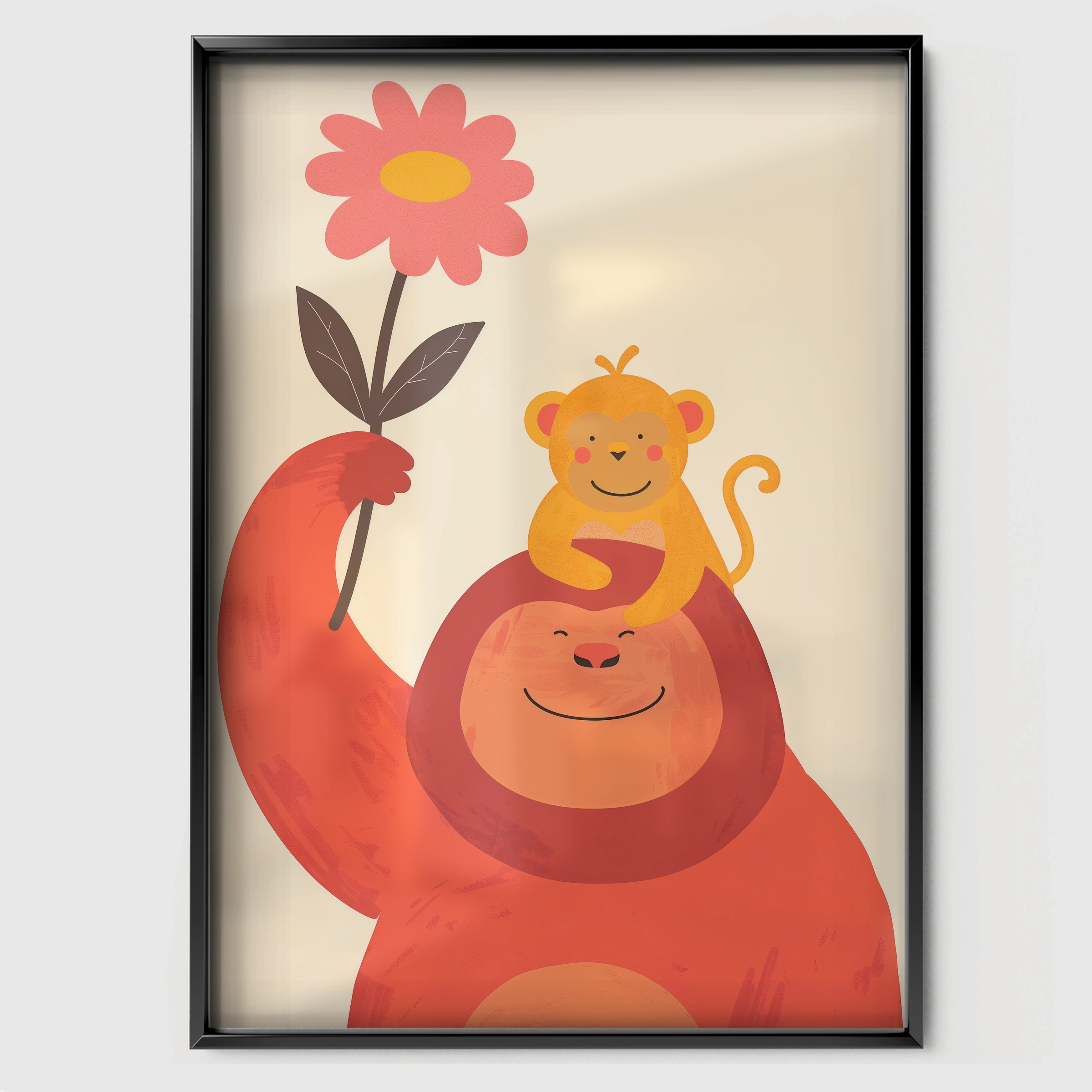 Gorilla and Monkey Nursery Print - black framed nursery wall art print
