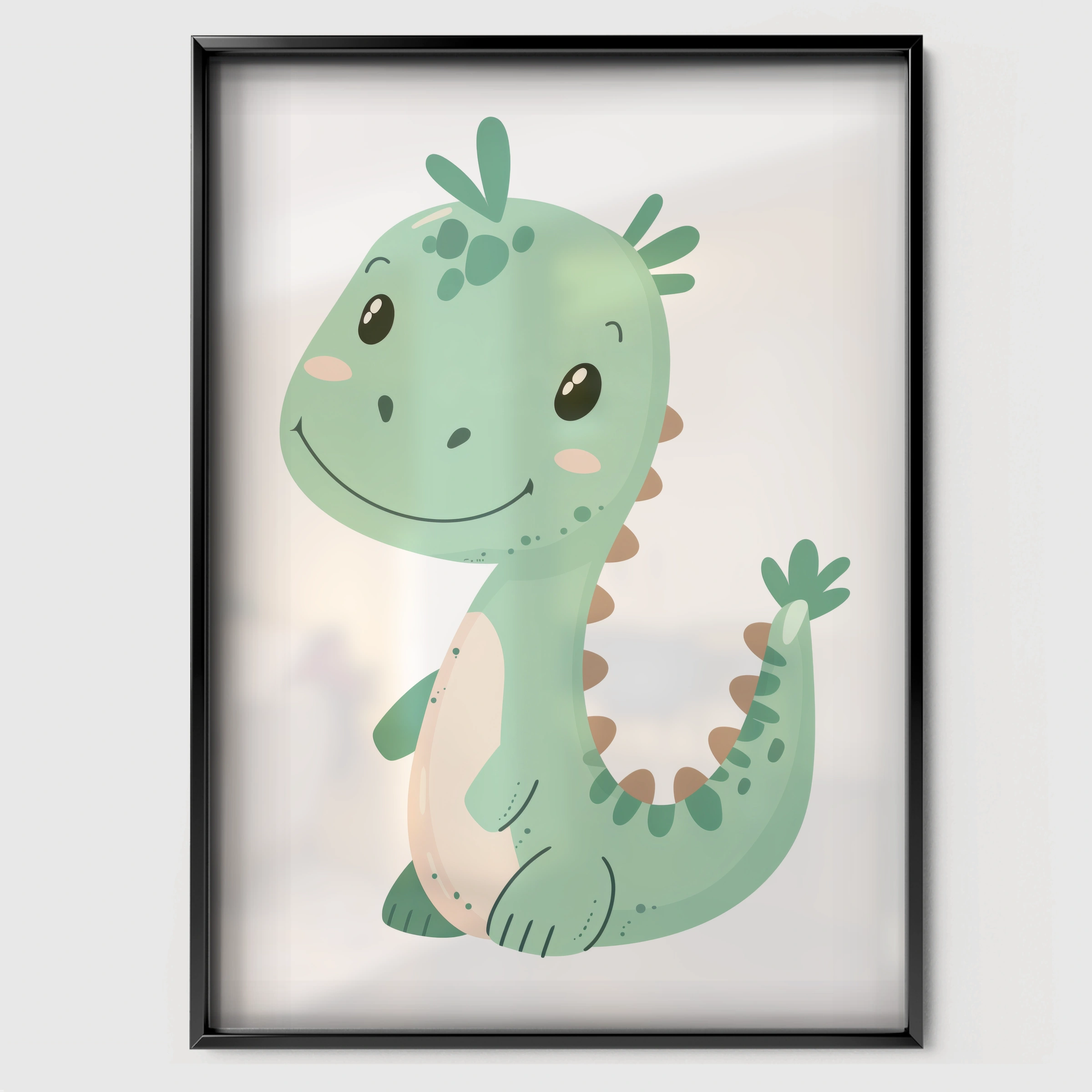 Green Baby Dinosaur Nursery Print - black framed nursery wall art print