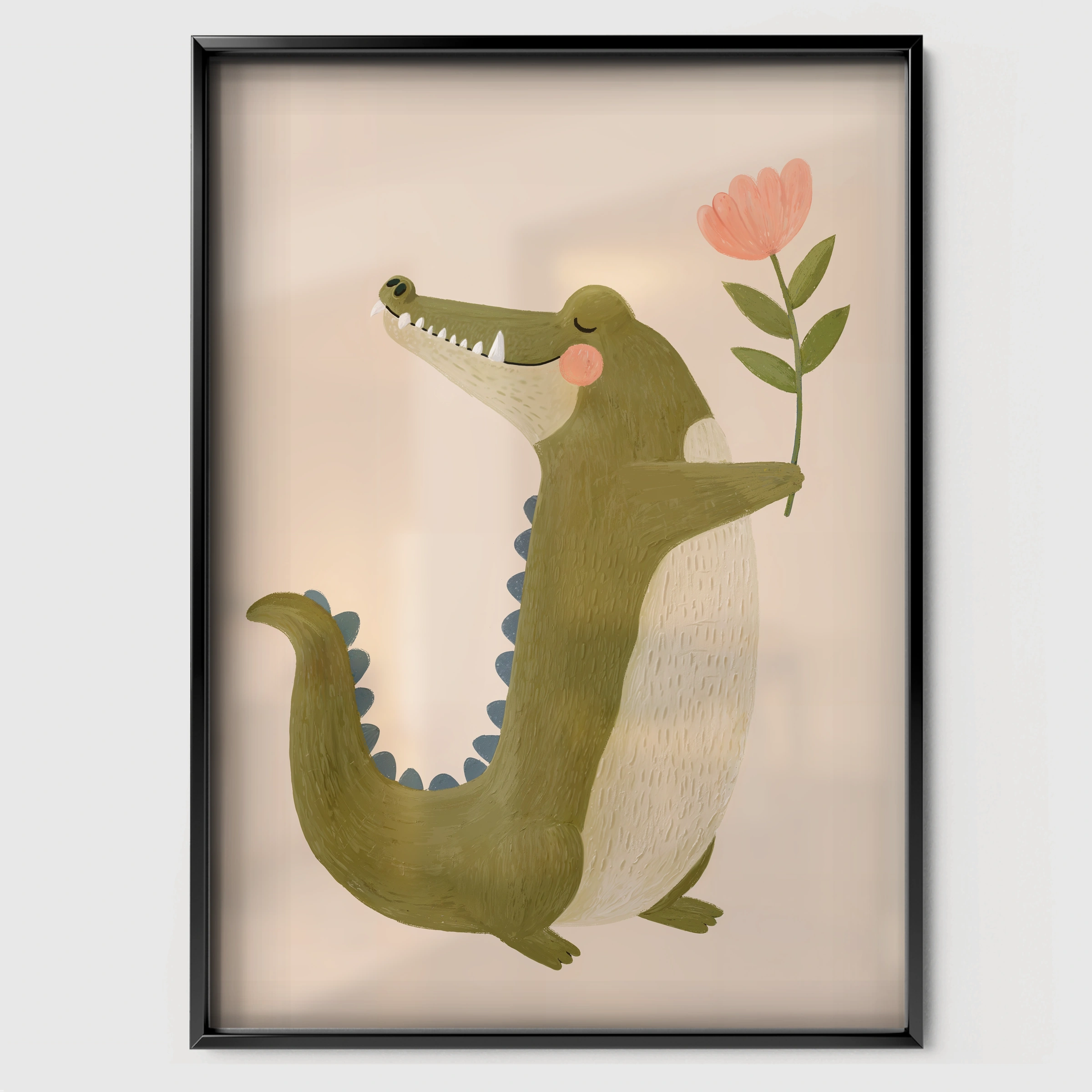 Green Crocodile Nursery Print - black framed nursery wall art print