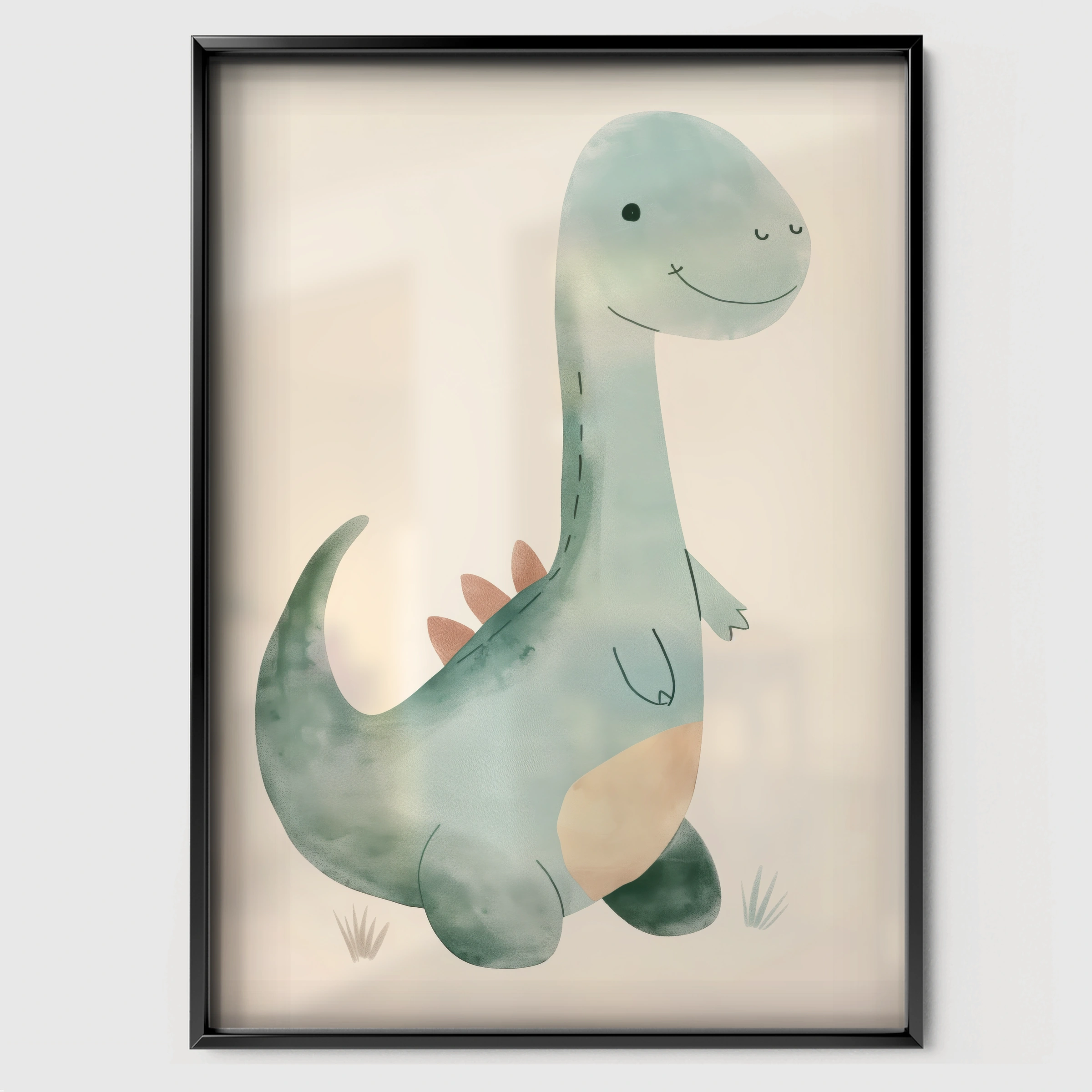 Green Dino Portrait Nursery Print - black framed nursery wall art print
