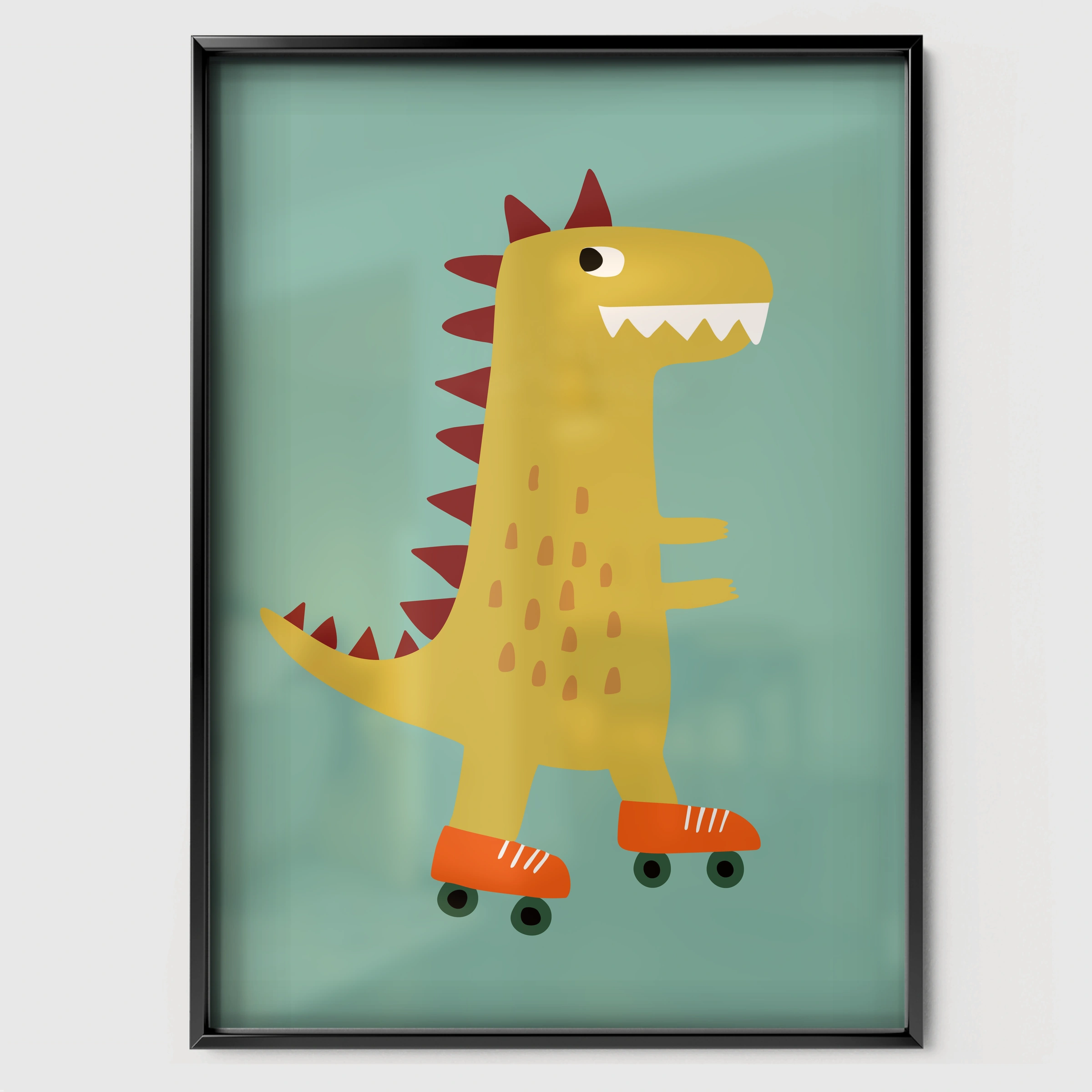 Green Dinosaur Nursery Print - black framed nursery wall art print