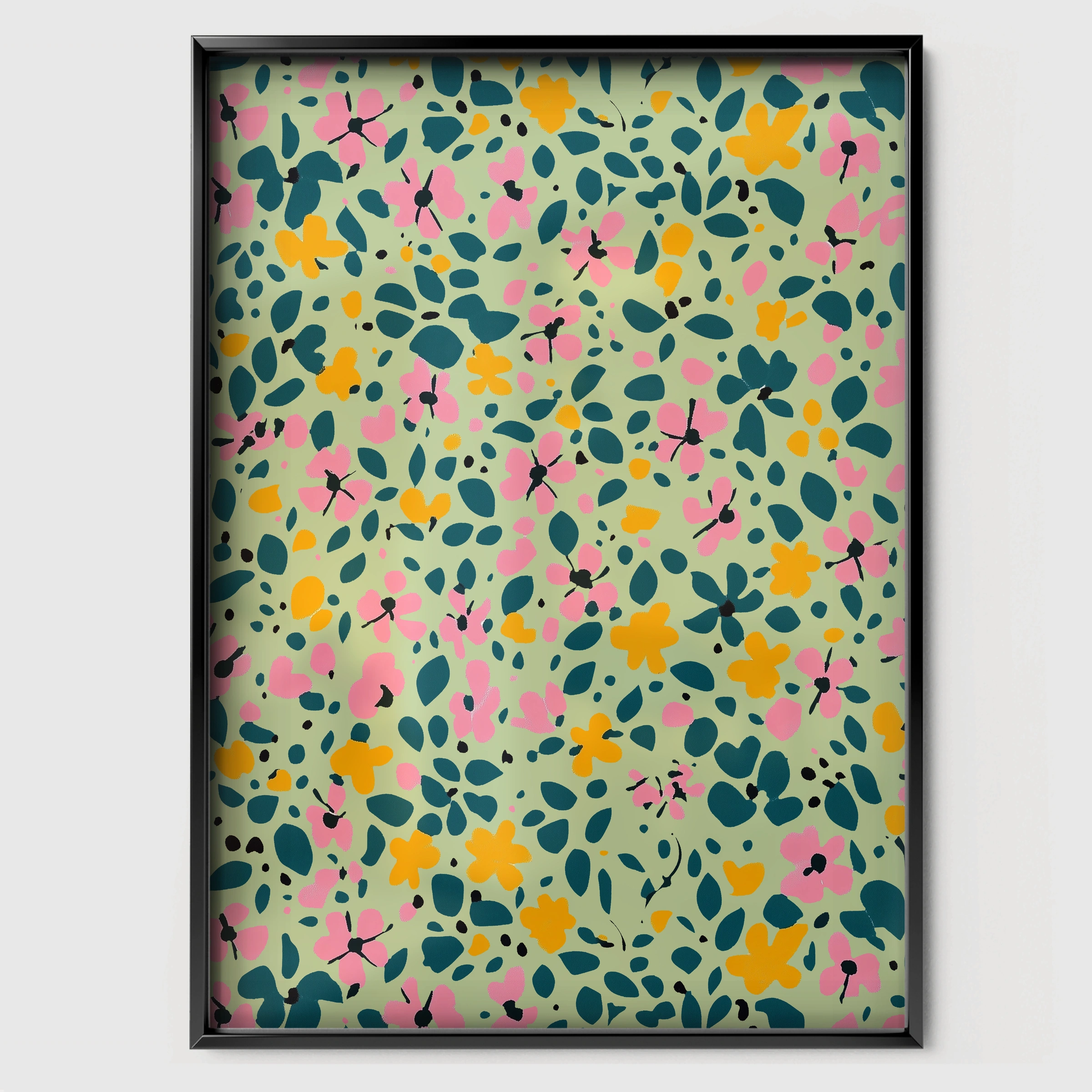 Green Ditsy Floral Nursery Print - black framed nursery wall art print