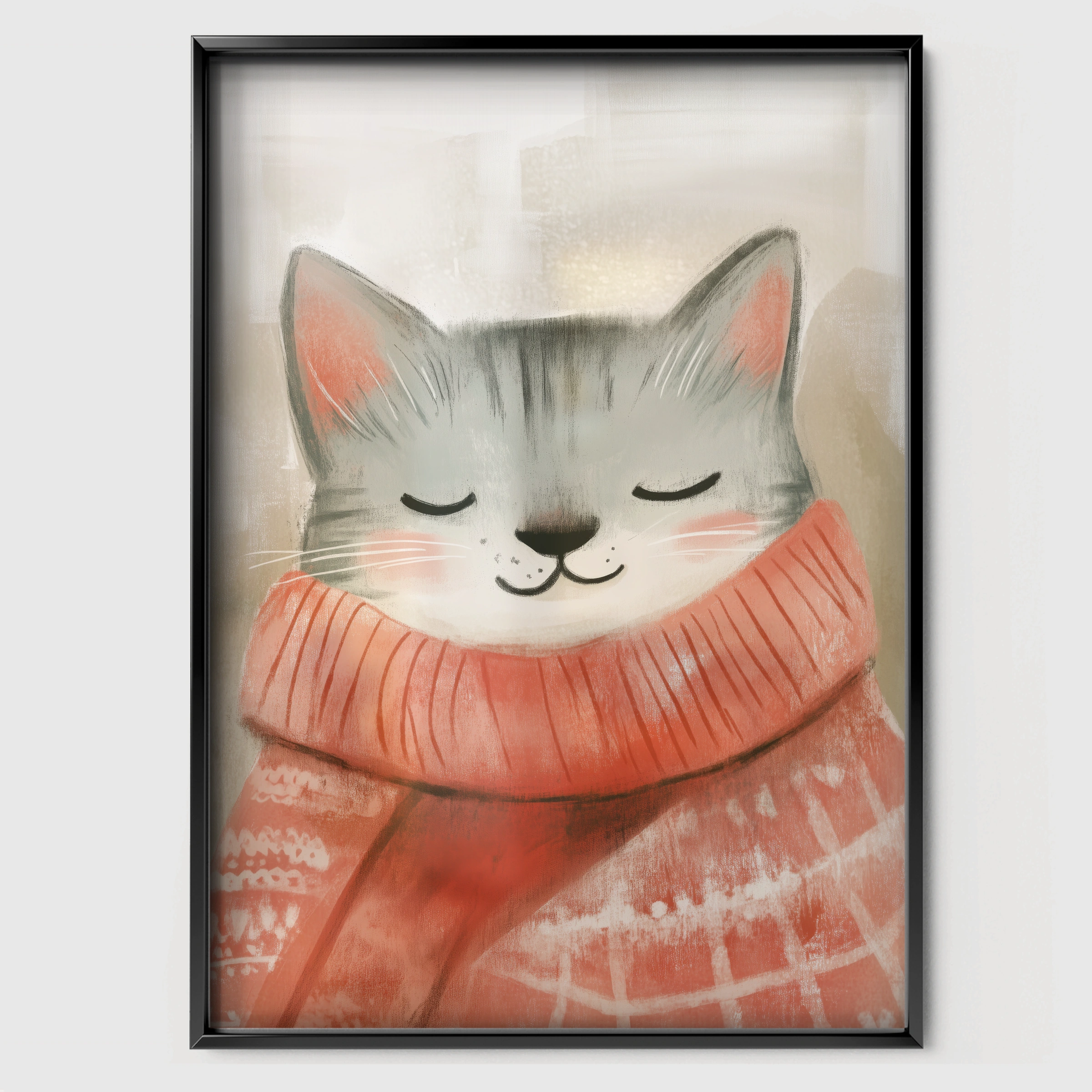 Grey Cat in a Scarf Christmas Print - black framed nursery wall art print