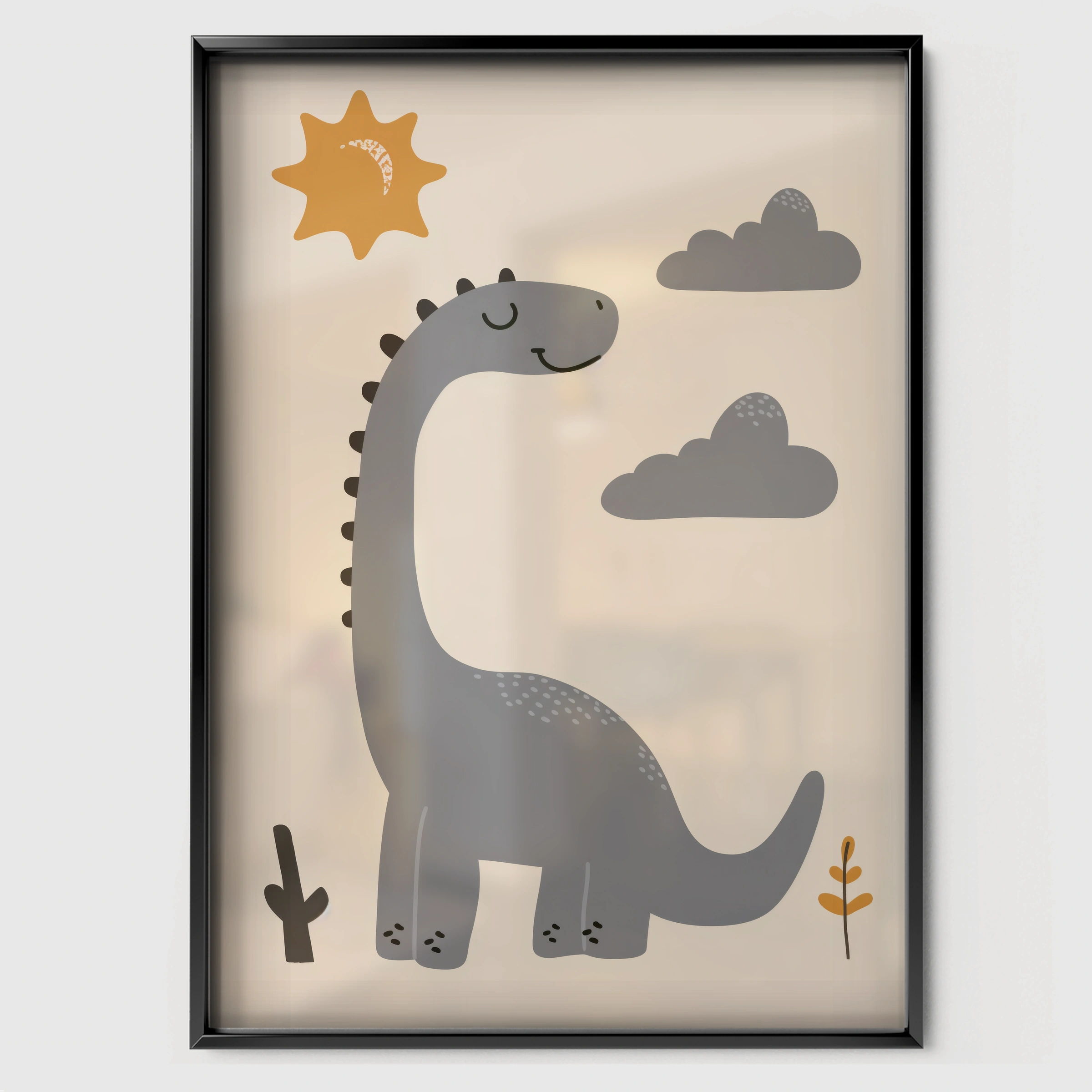 Grey Dinosaur and Sun Nursery Print - black framed nursery wall art print