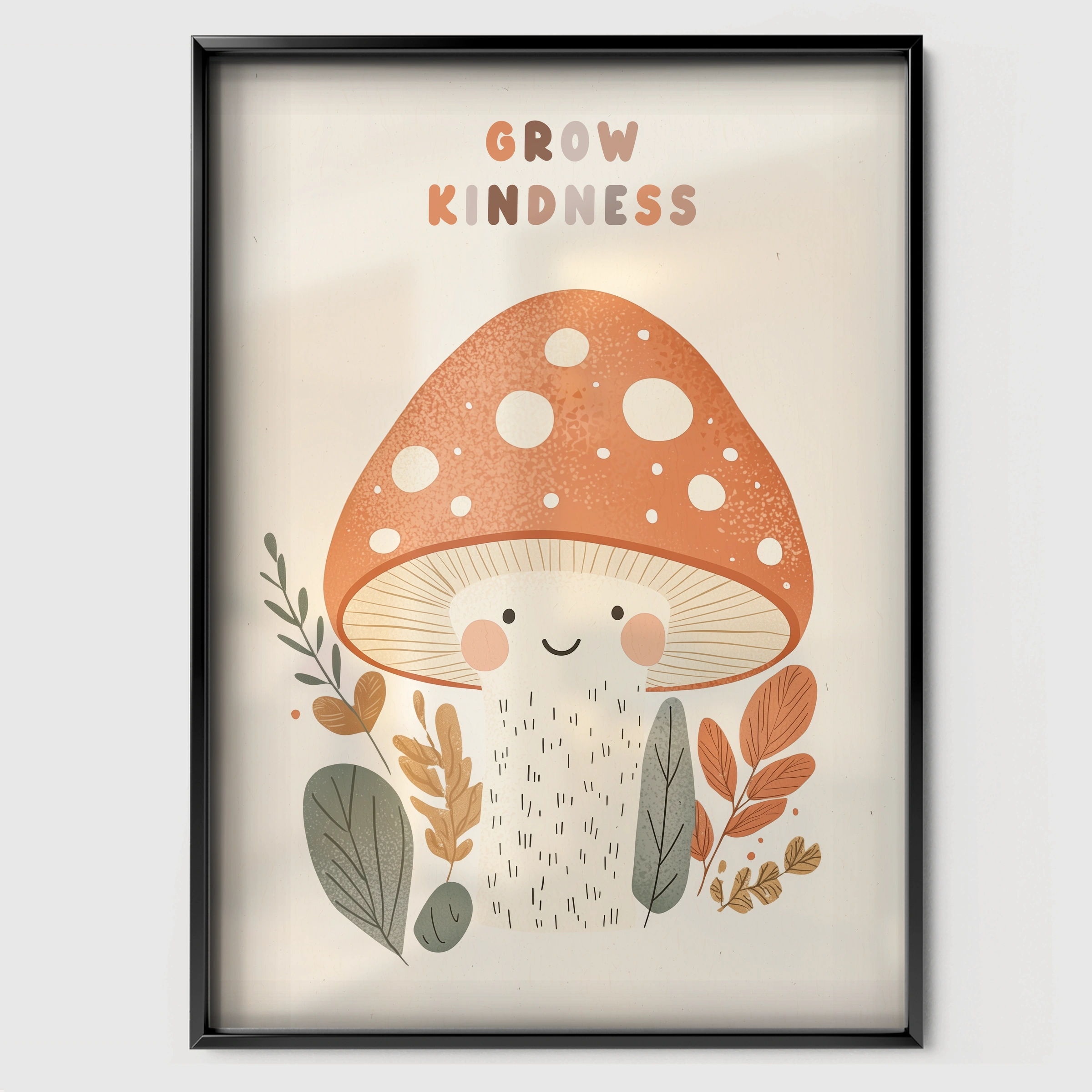 Grow Kindness Mushroom Nursery Print - black framed nursery wall art print