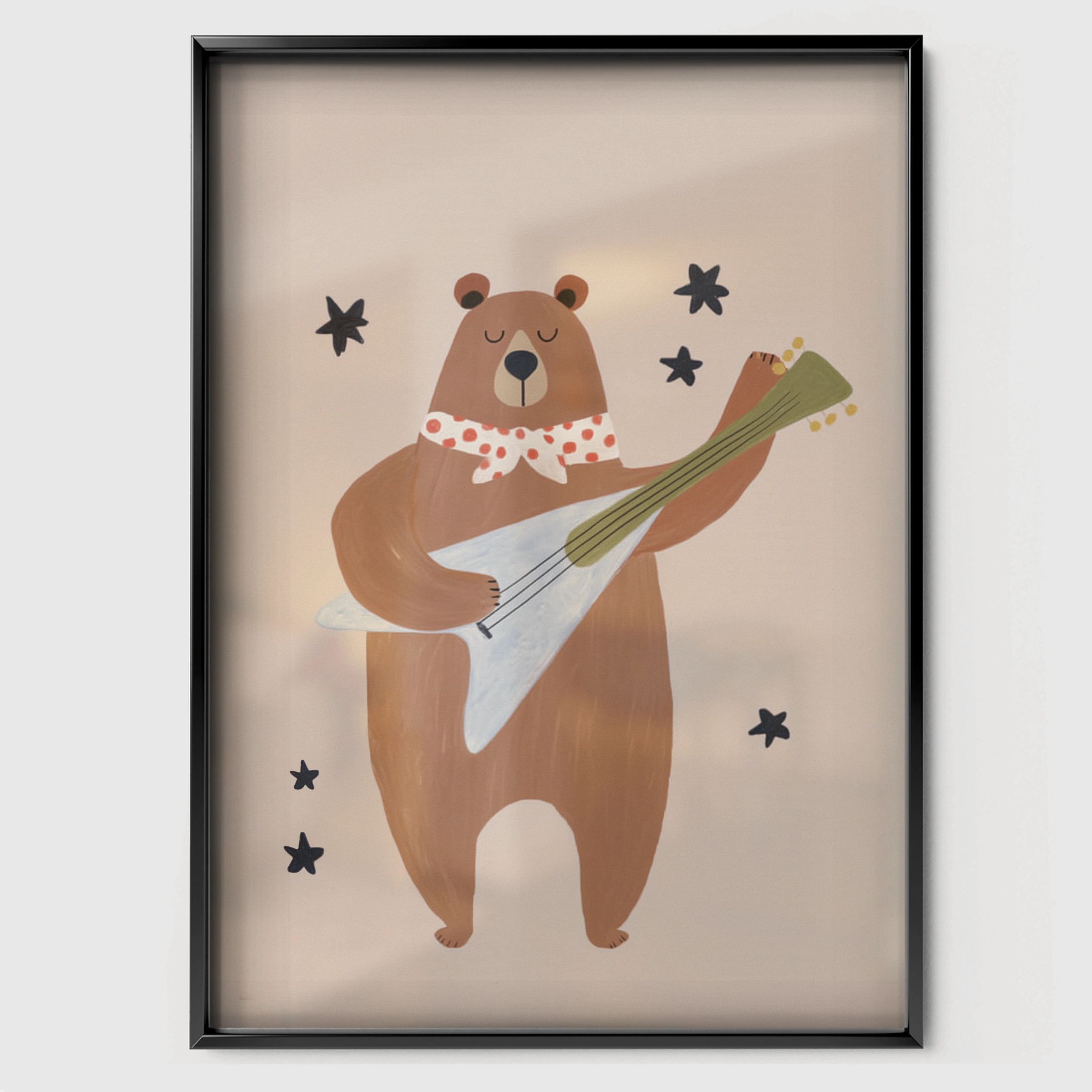 Guitar Bear Nursery Print - black framed nursery wall art print