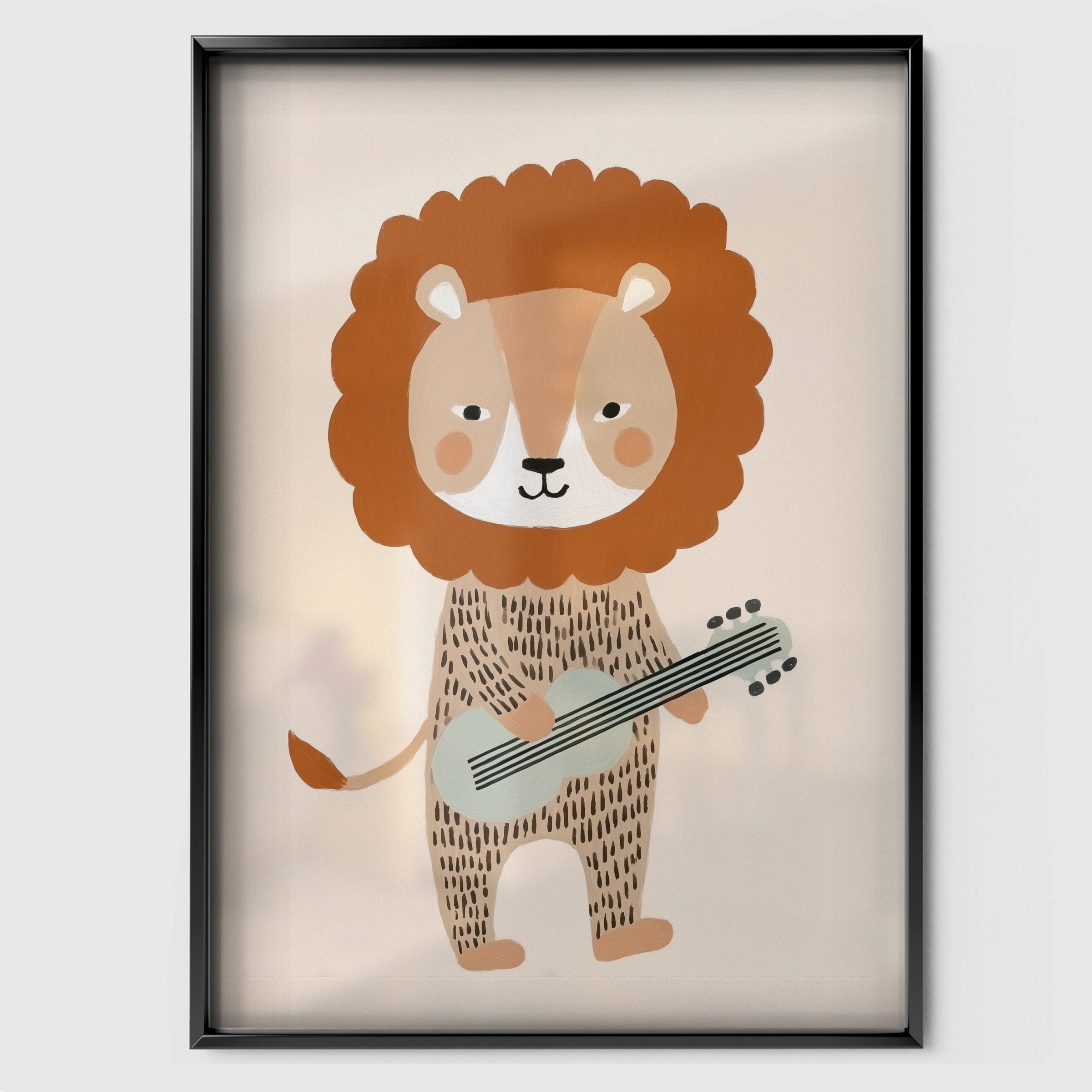 Guitar Lion Nursery Print - black framed nursery wall art print