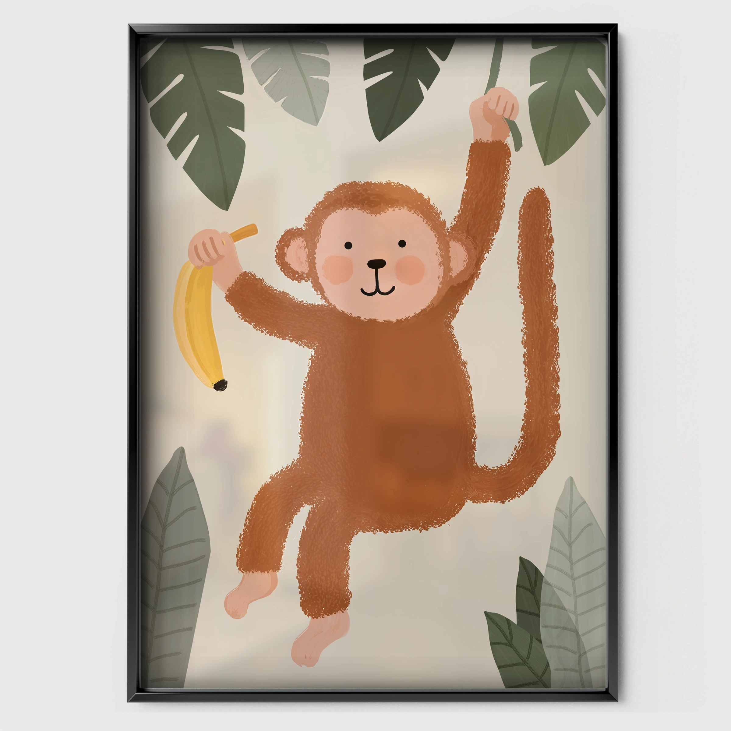 Hanging Monkey Nursery Print - black framed nursery wall art print