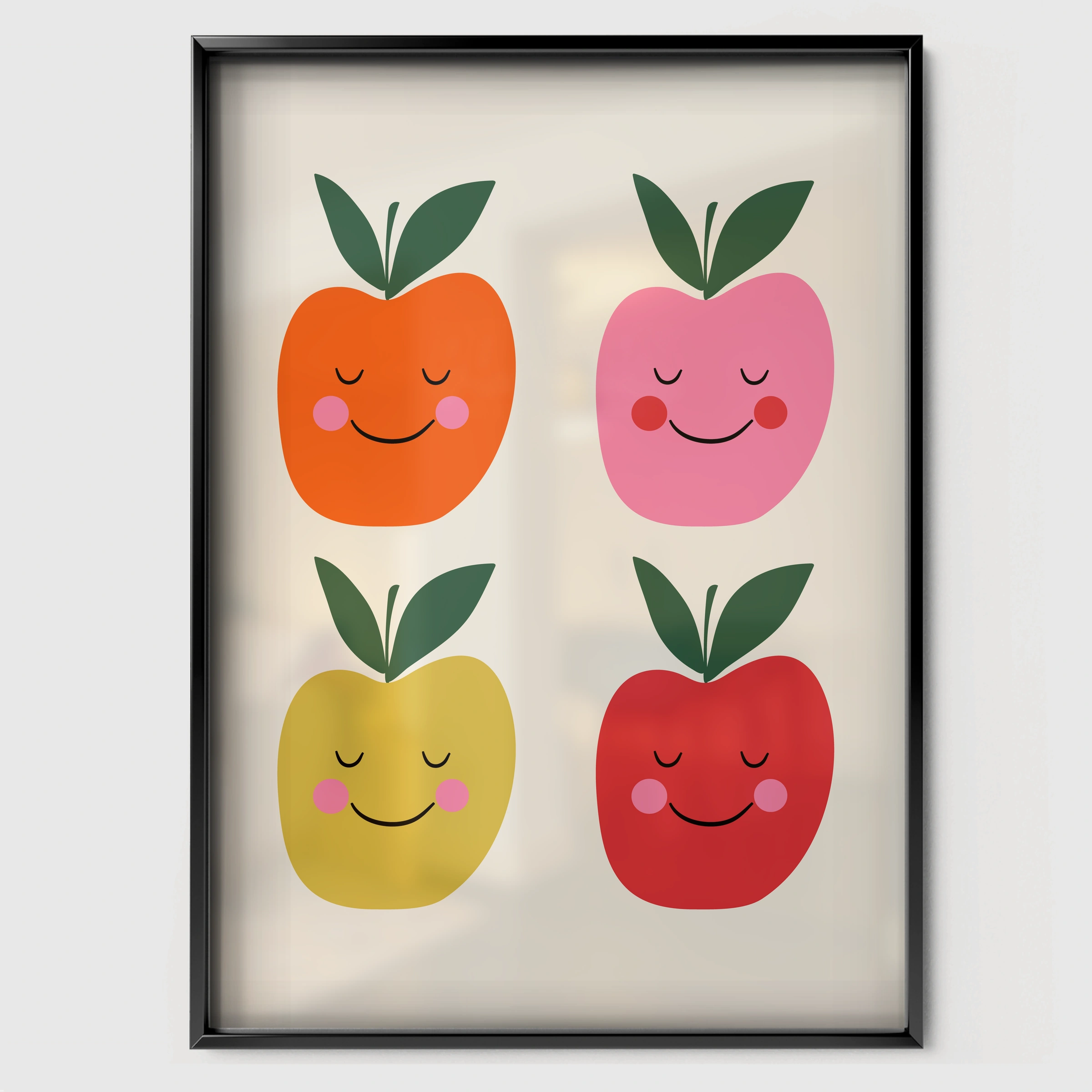 Happy Apples Nursery Print - black framed nursery wall art print