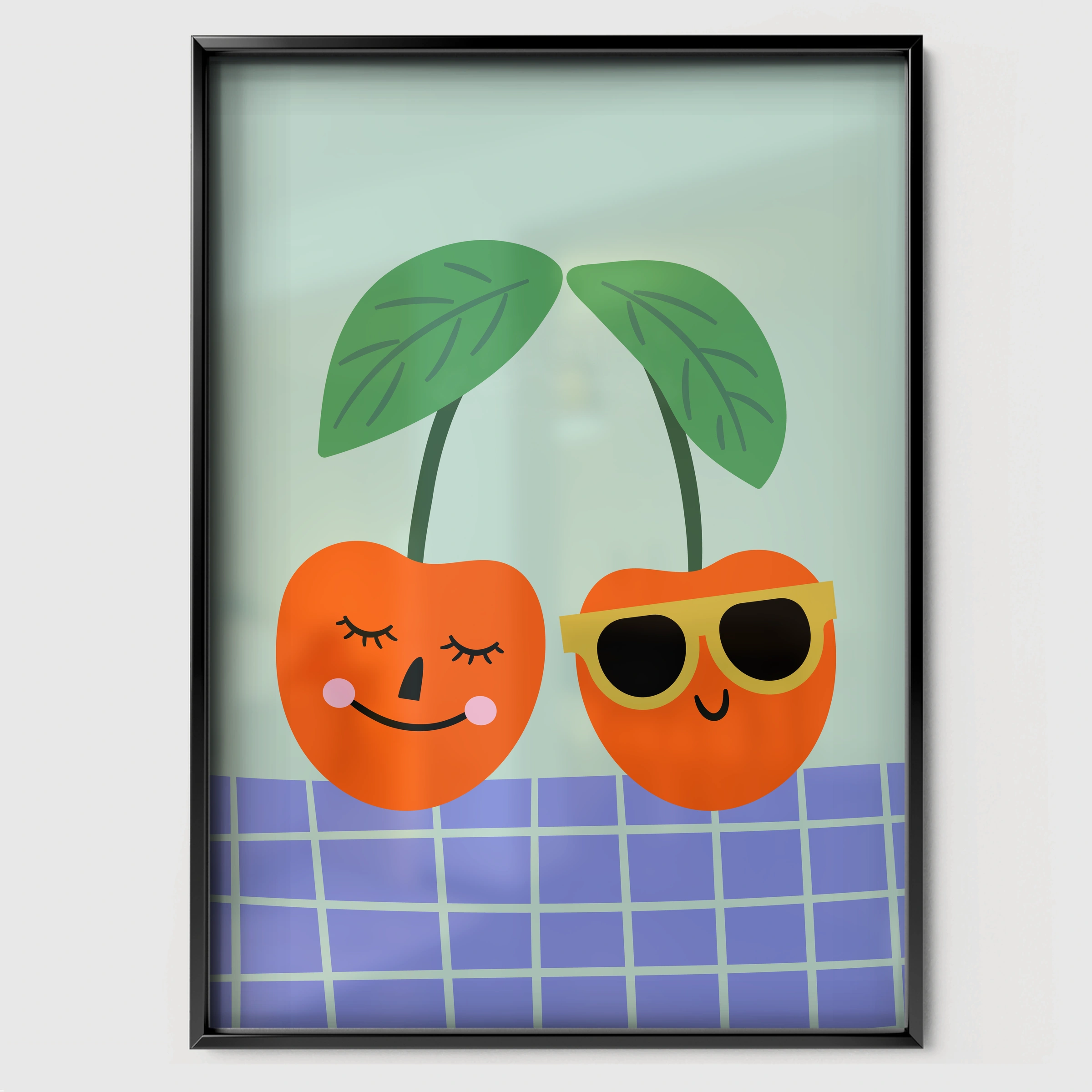 Happy Cherries Nursery Print - black framed nursery wall art print