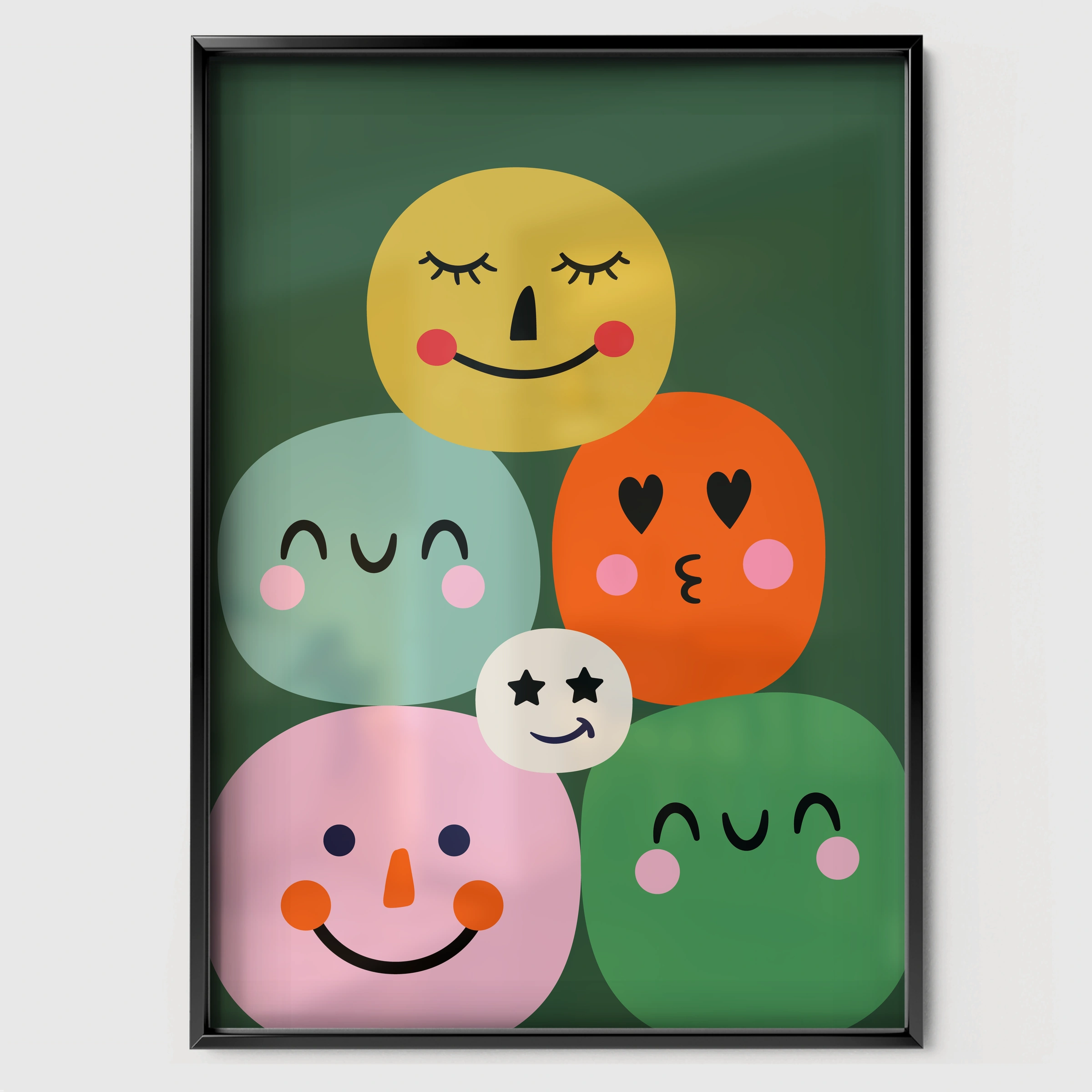 Happy Faces Nursery Print - black framed nursery wall art print
