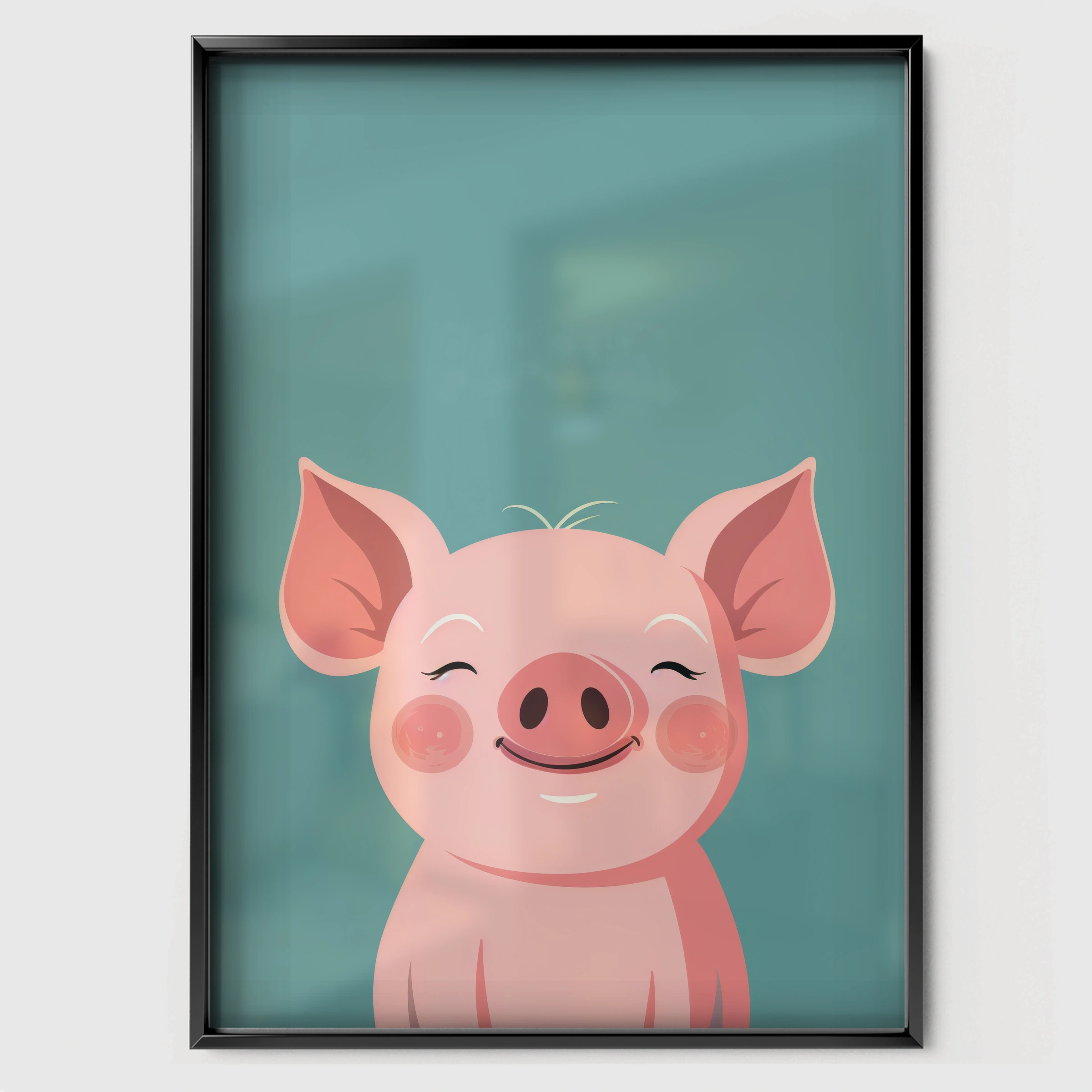 Happy Pig Nursery Print - black framed nursery wall art print