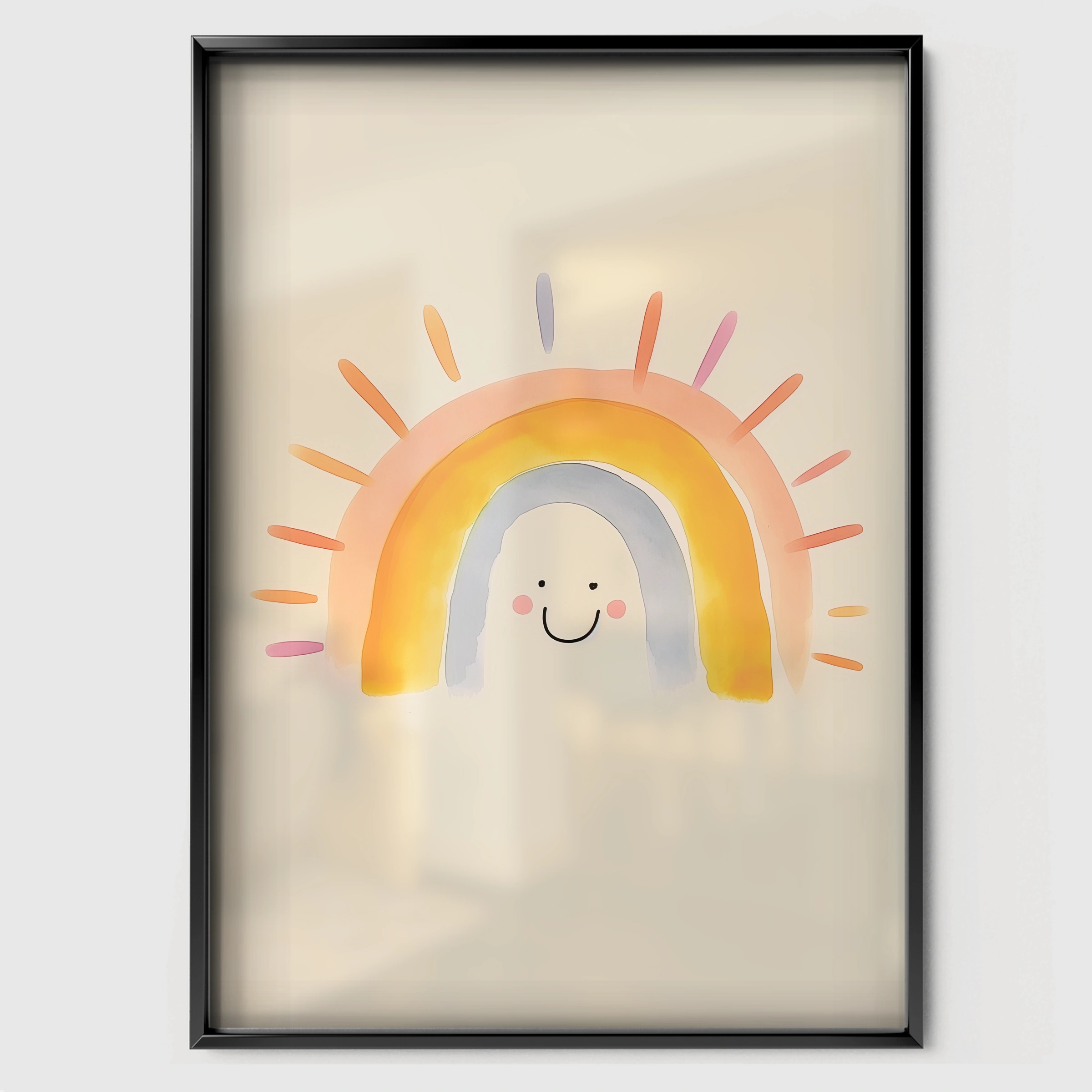 Happy Rainbow Nursery Print - black framed nursery wall art print