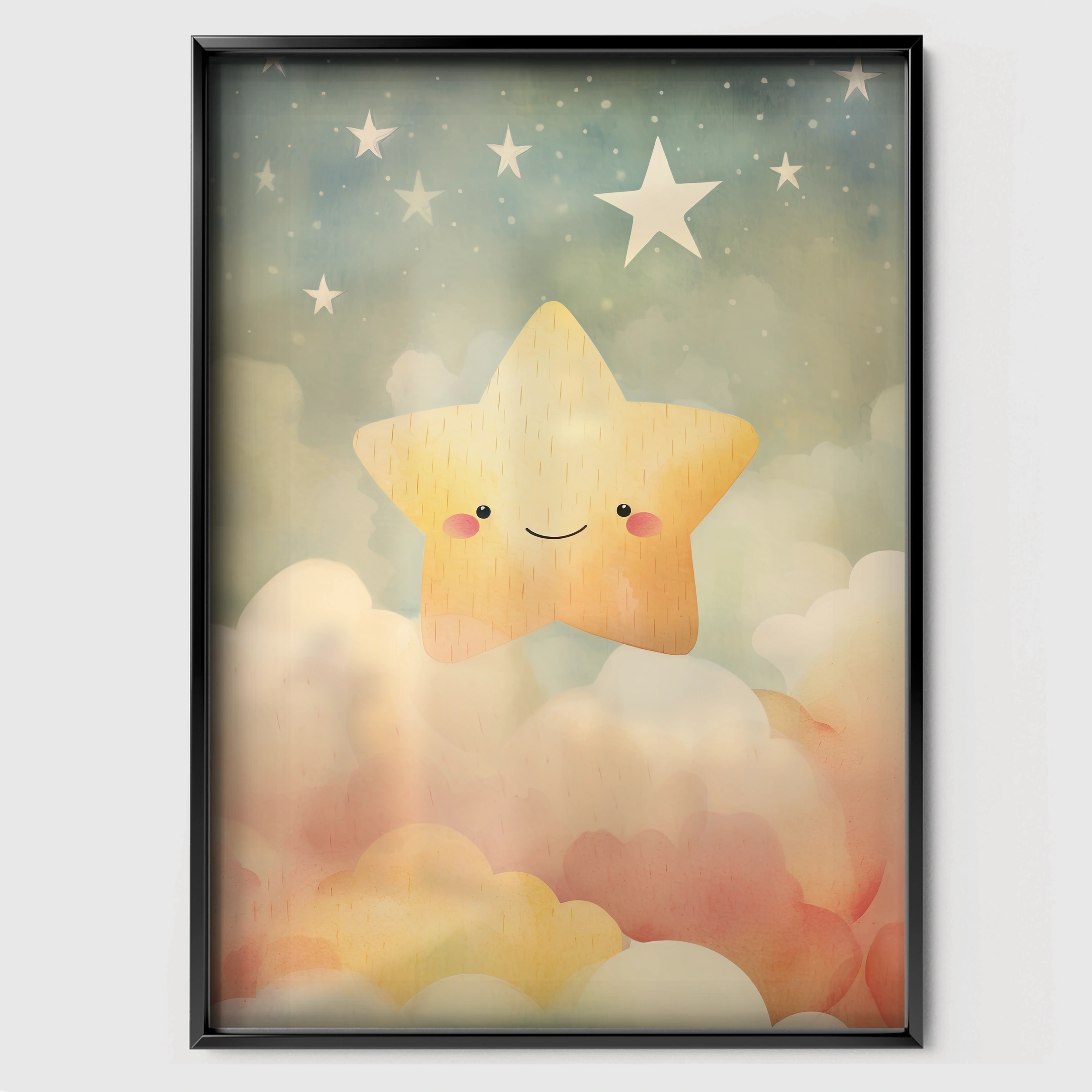 Happy Star Nursery Print - black framed nursery wall art print