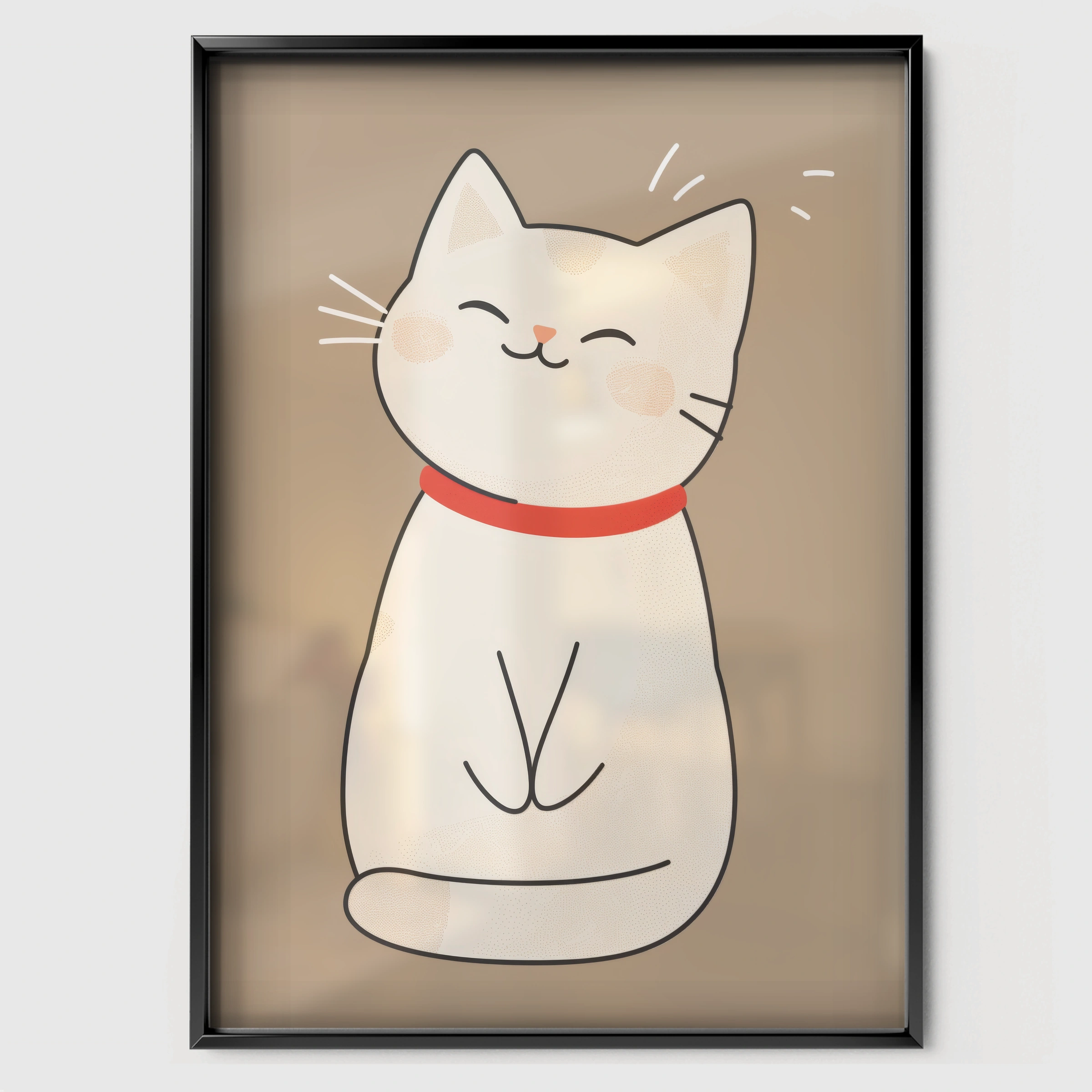 Happy White Cat Nursery Print - black framed nursery wall art print