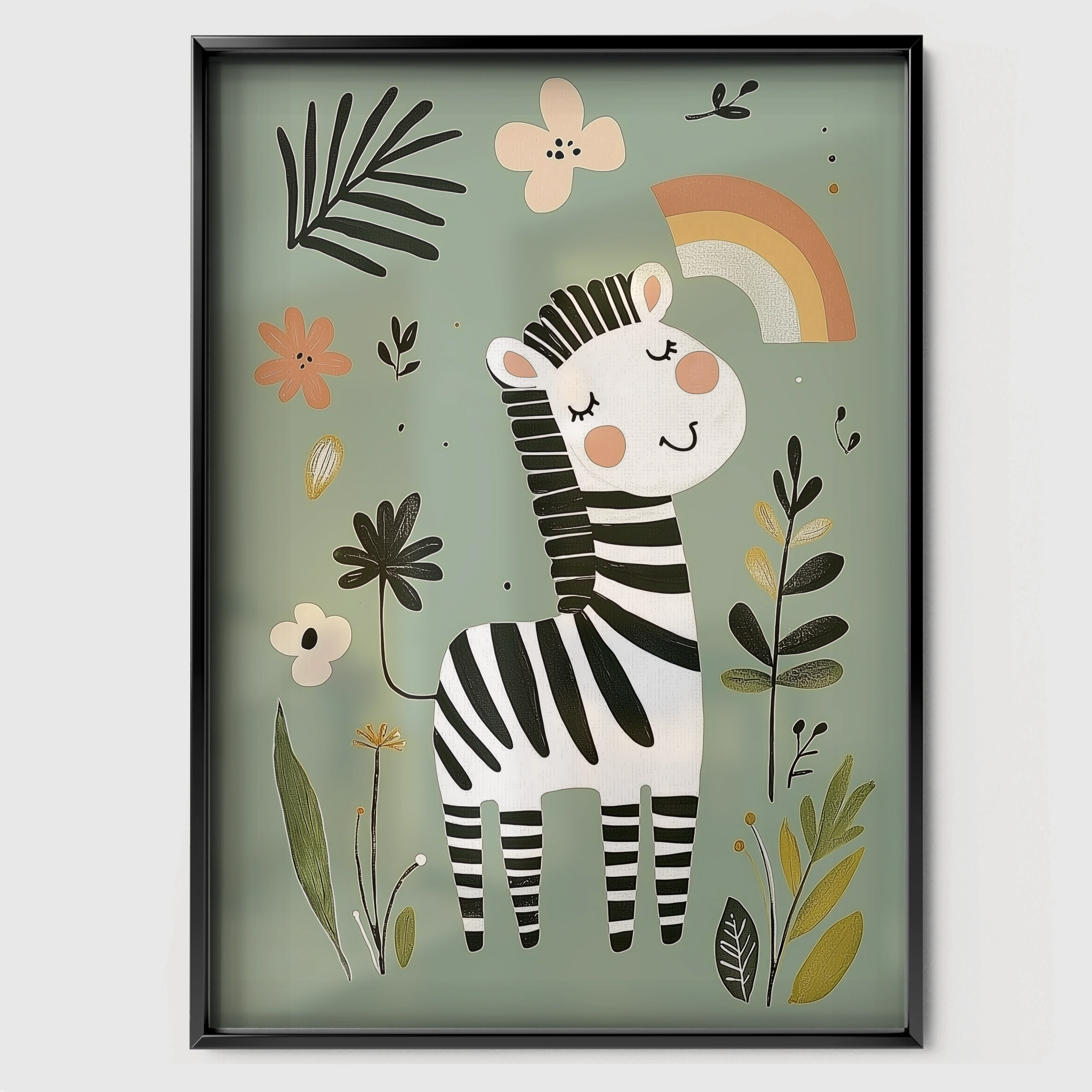 Happy Zebra Nursery Print - black framed nursery wall art print