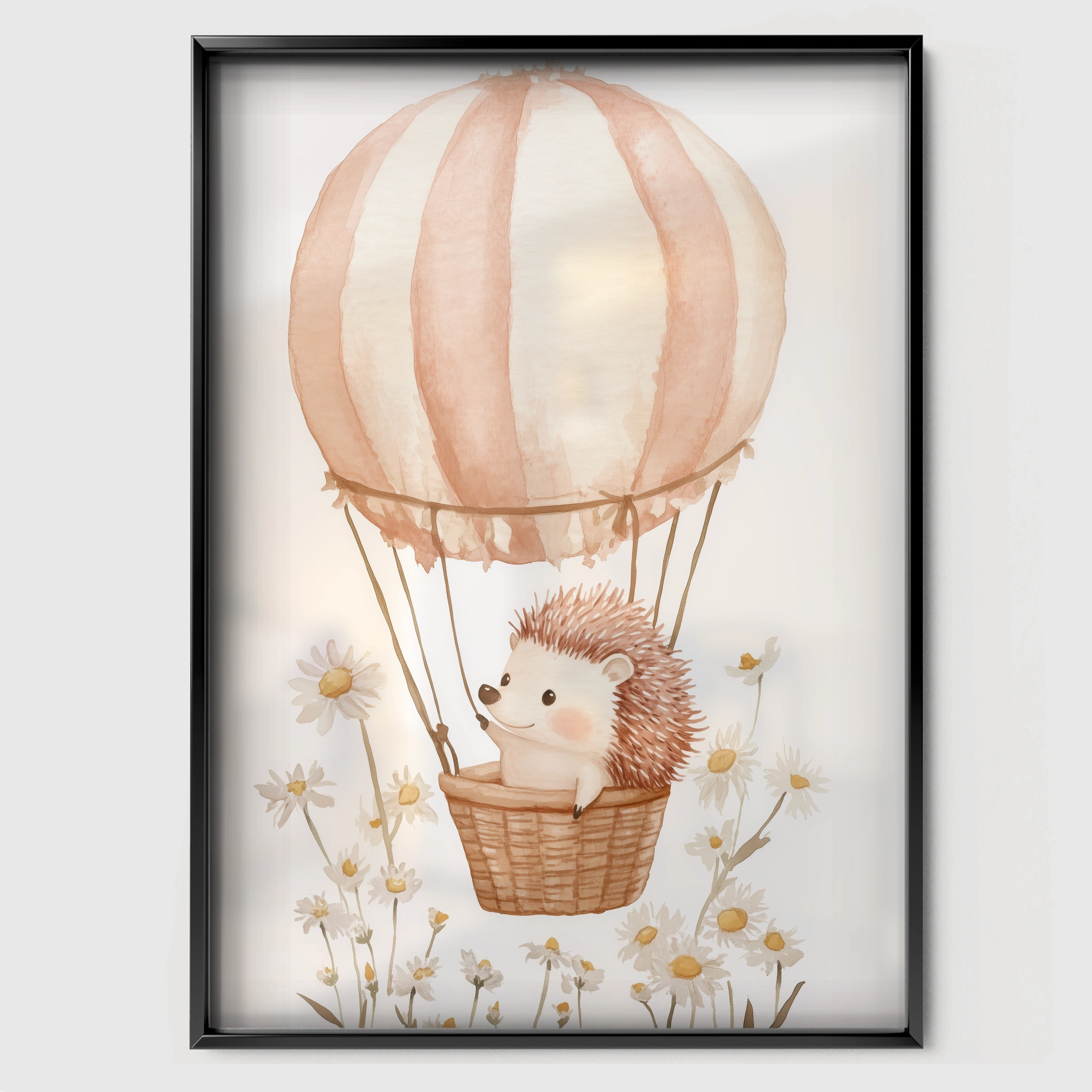Hedgehog Hot Air Balloon Nursery Print - black framed nursery wall art print