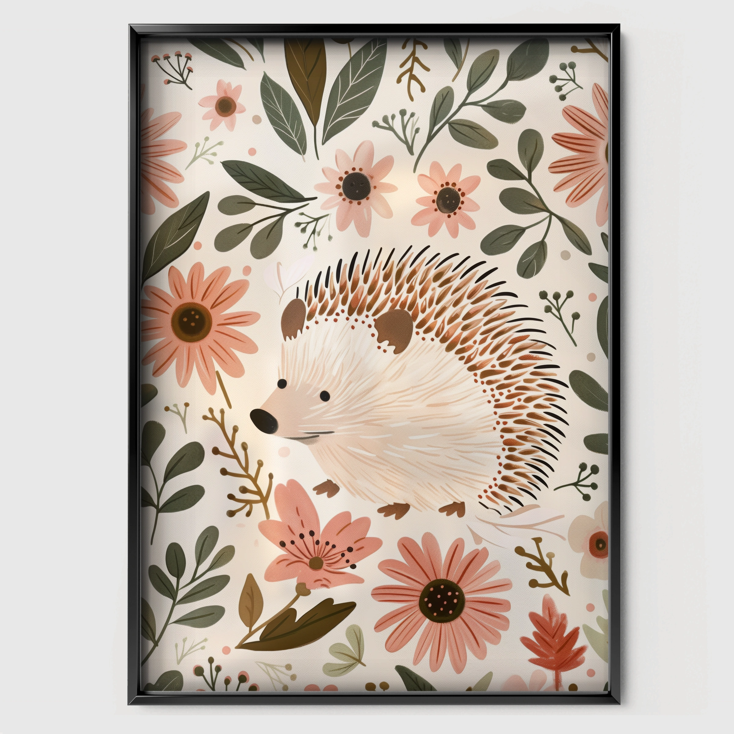 Hedgehog in Flowers Nursery Print - black framed nursery wall art print