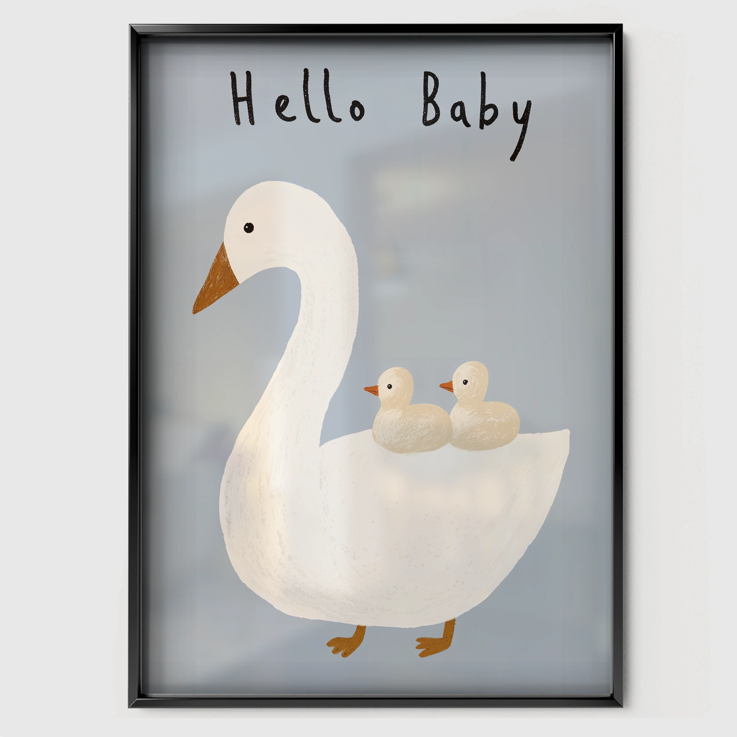 Hello Baby Swan Nursery Print - black framed nursery wall art print