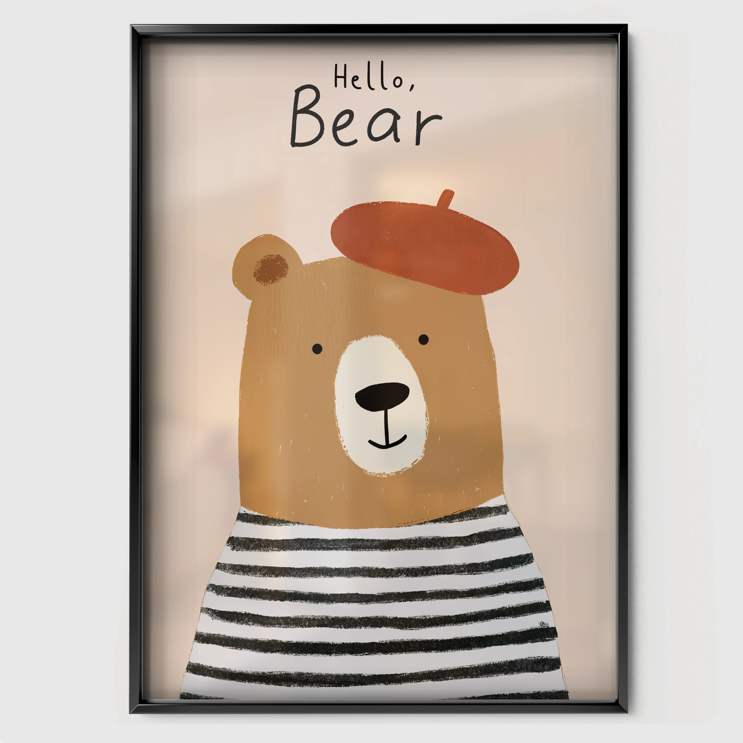 Hello Bear Nursery Print - black framed nursery wall art print