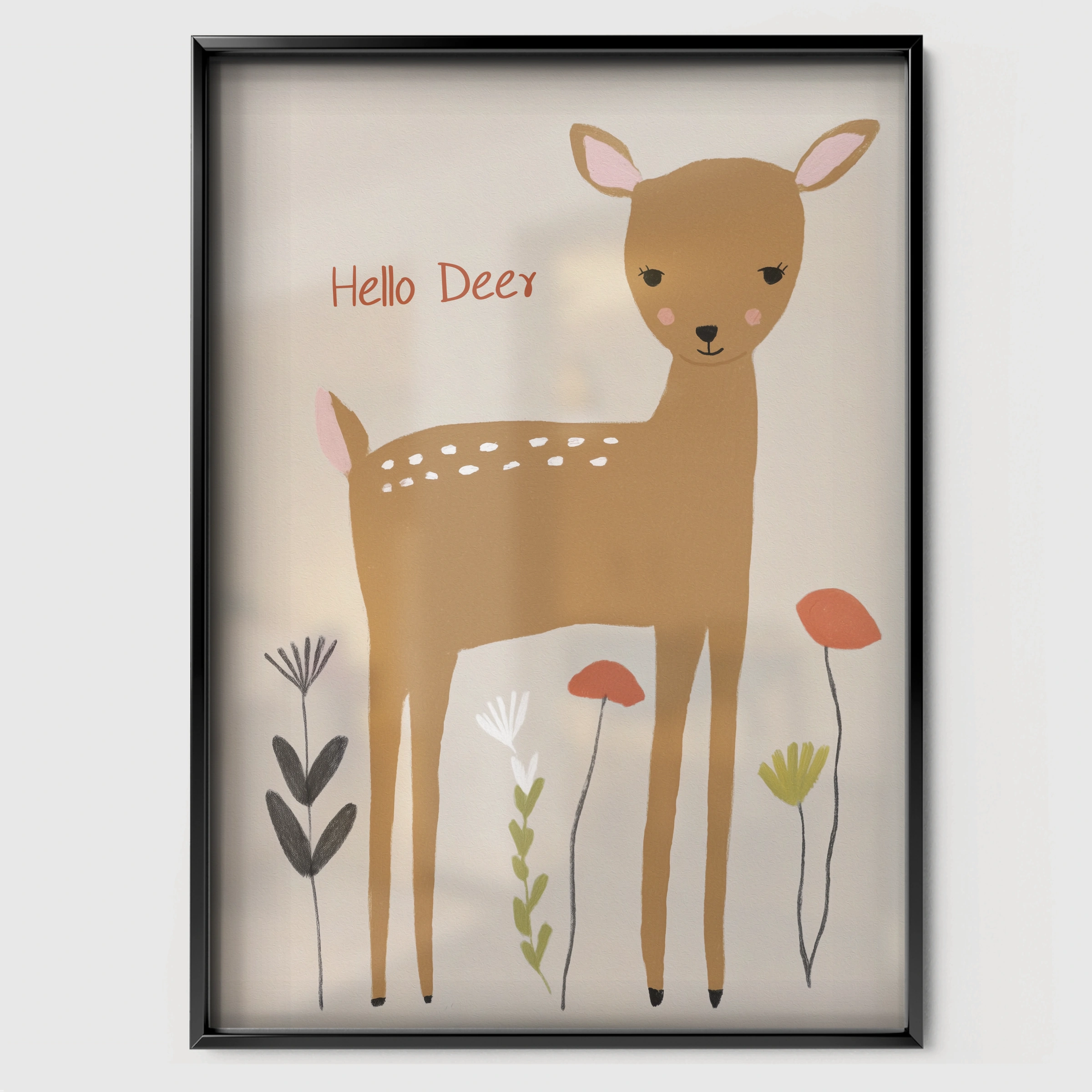Hello Deer Nursery Print - black framed nursery wall art print