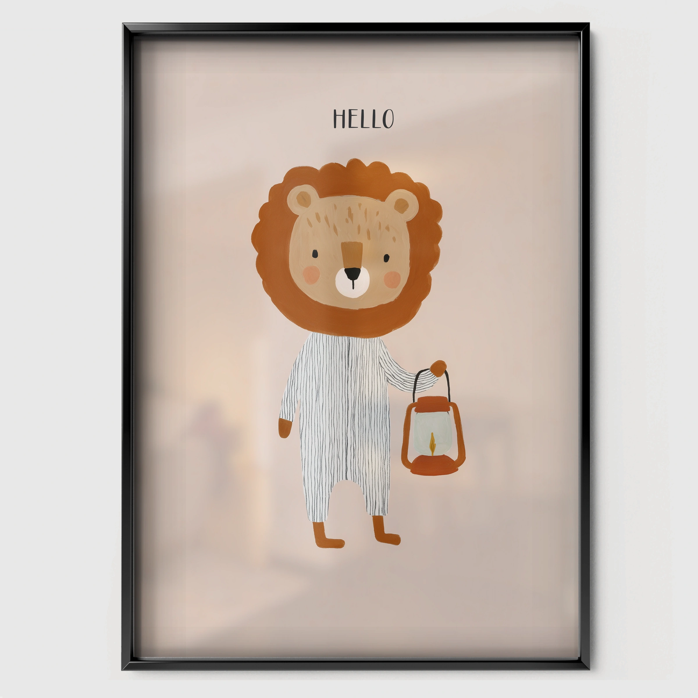 Hello Lion Nursery Print - black framed nursery wall art print