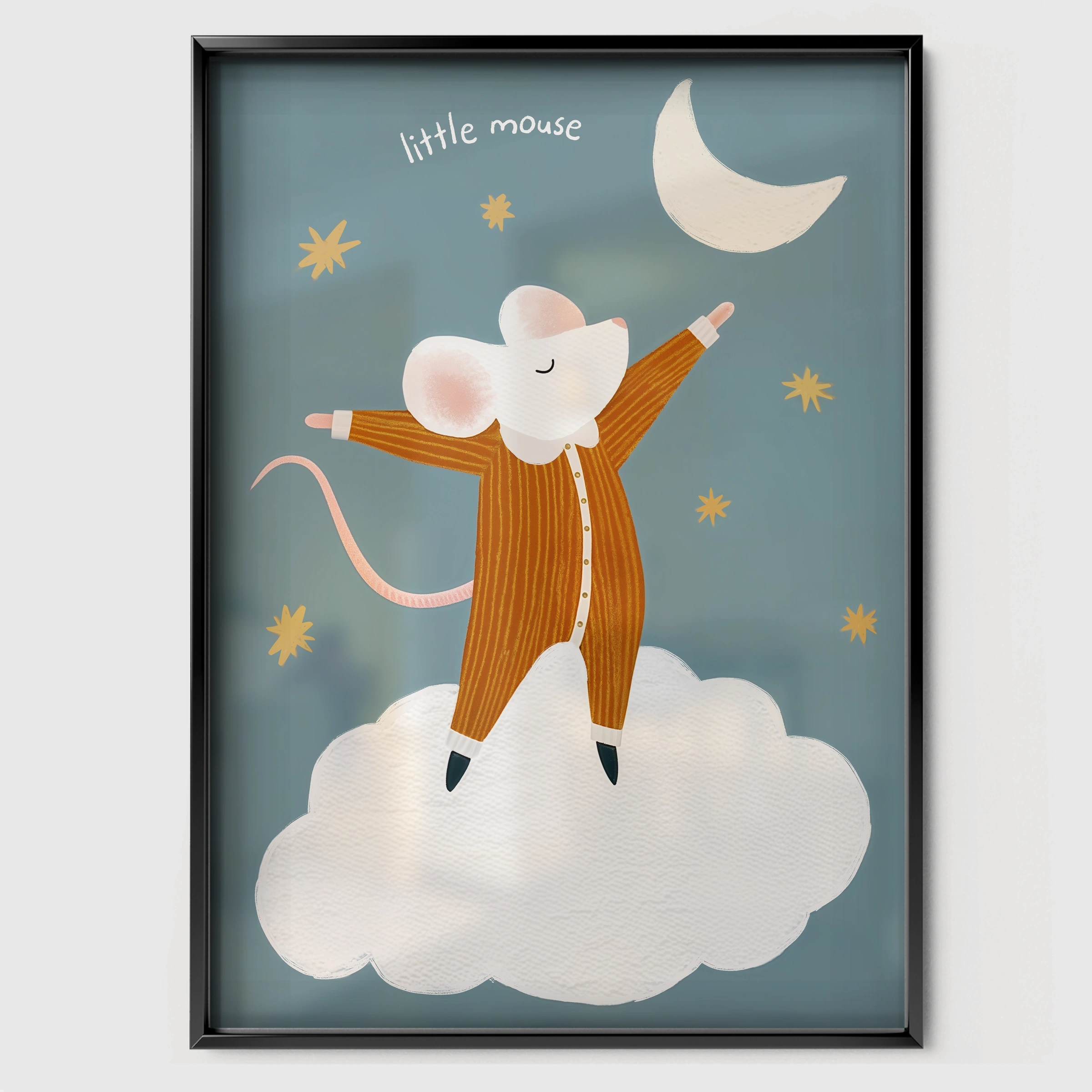 Hello Moon Mouse Nursery Print - black framed nursery wall art print