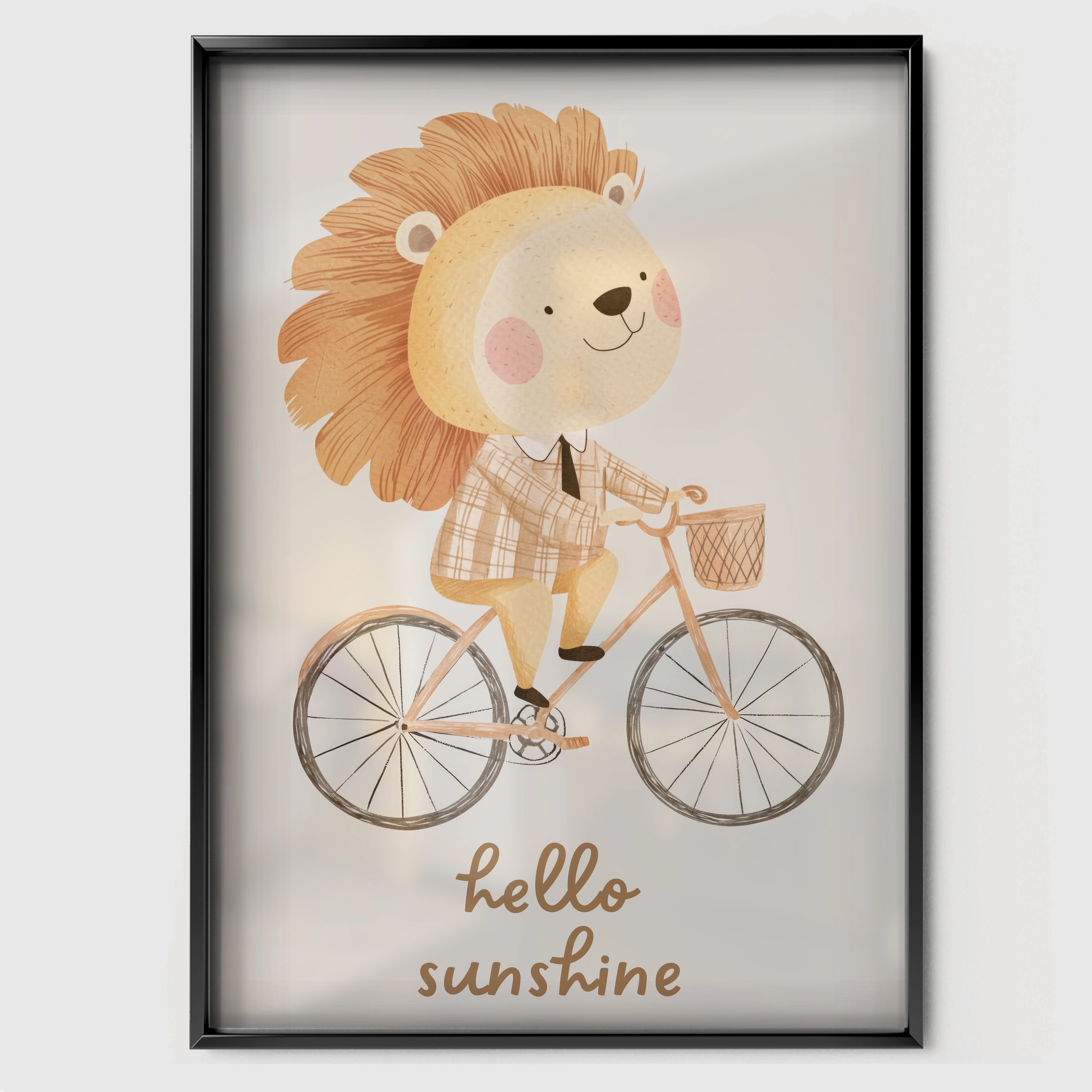 Hello Sunshine Cycling Lion Nursery Print - black framed nursery wall art print