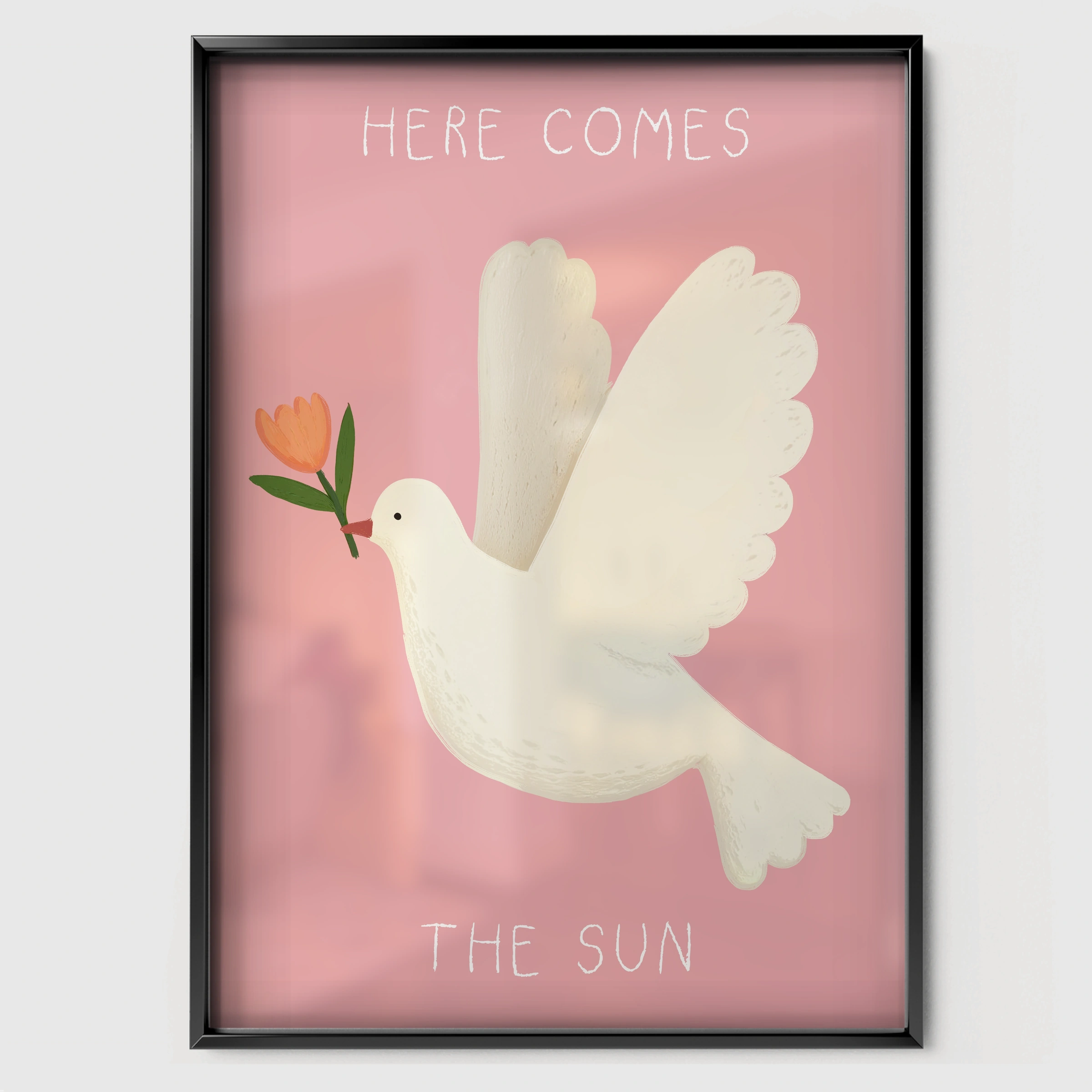 Here Comes the Sun Dove Nursery Print - black framed nursery wall art print