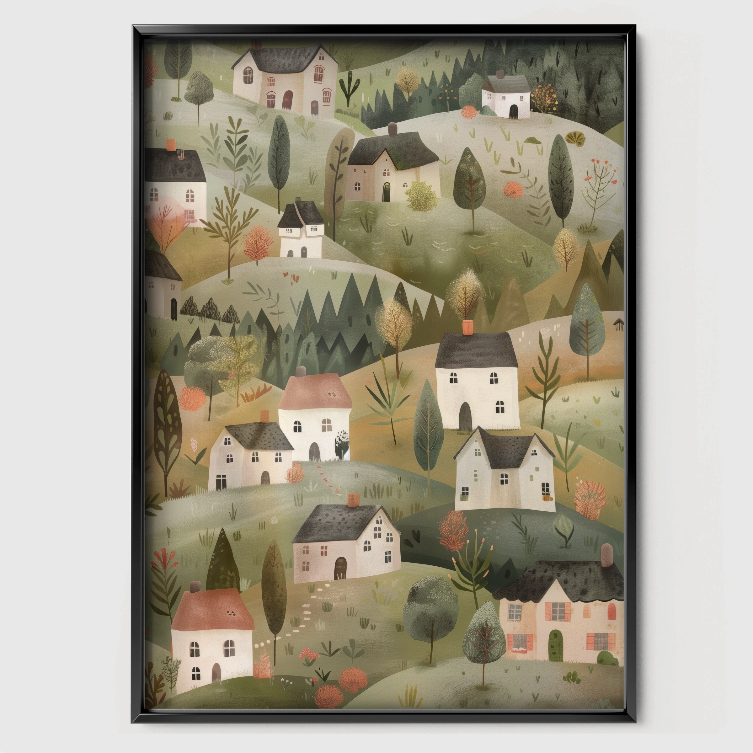 Hillside Houses Nursery Print - black framed nursery wall art print