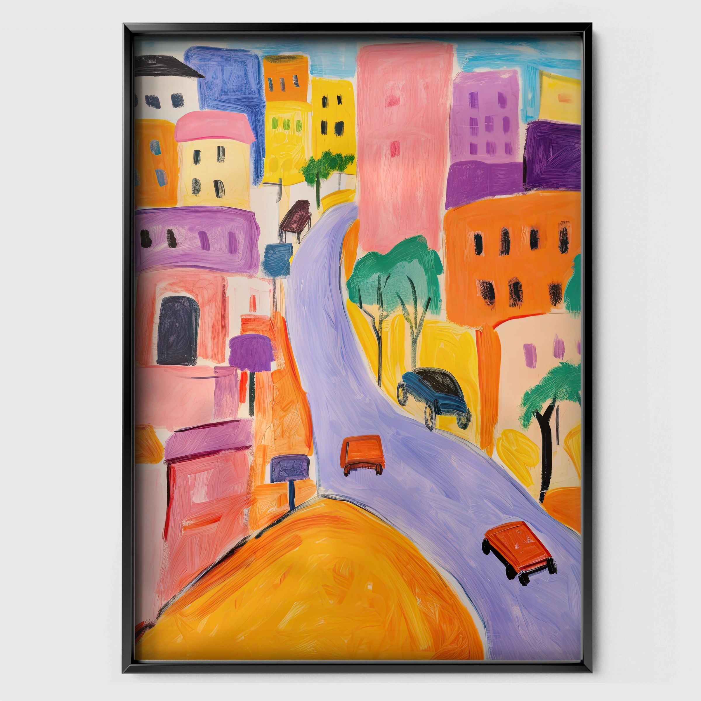 Hillside Town Nursery Print - black framed nursery wall art print