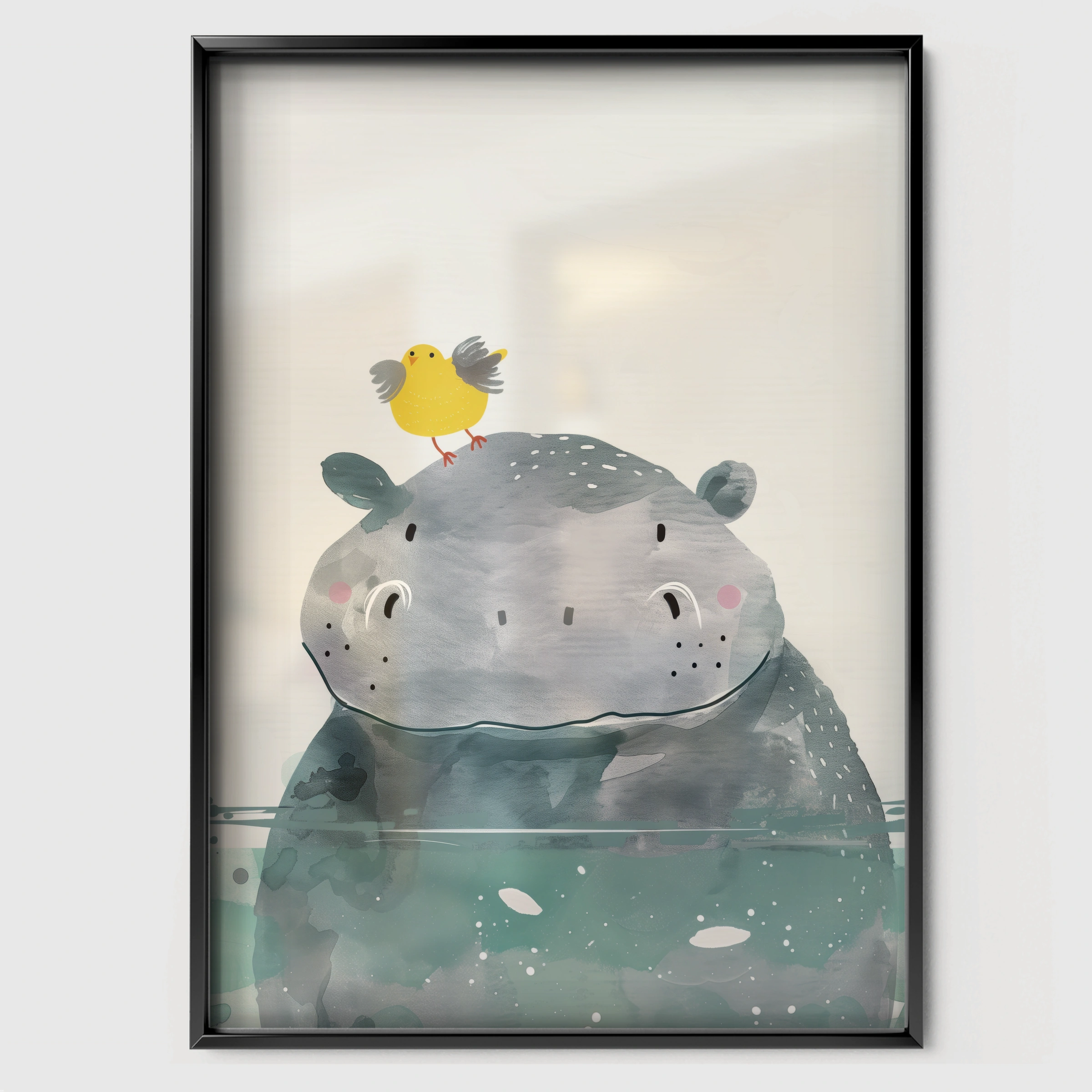 Hippo and a Bird Nursery Print - black framed nursery wall art print