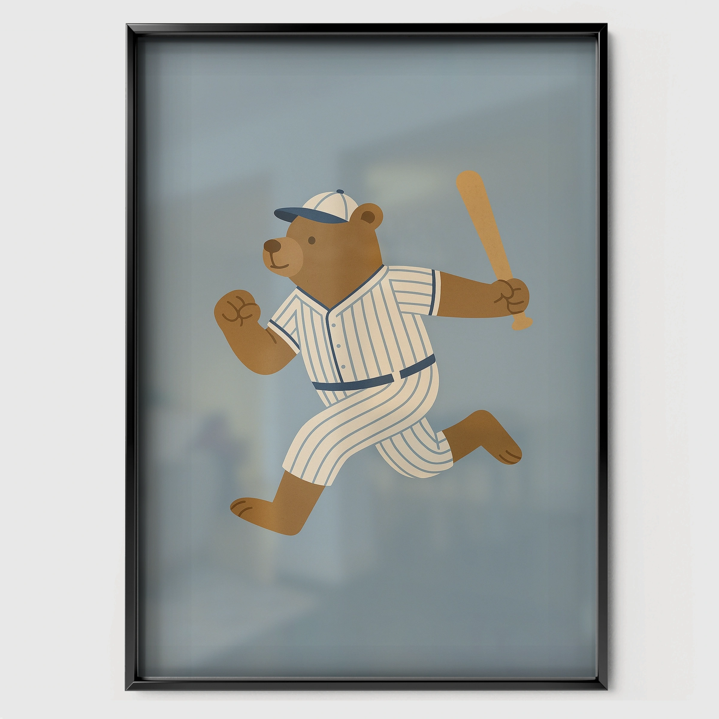 Home Run Bear Nursery Print - black framed nursery wall art print