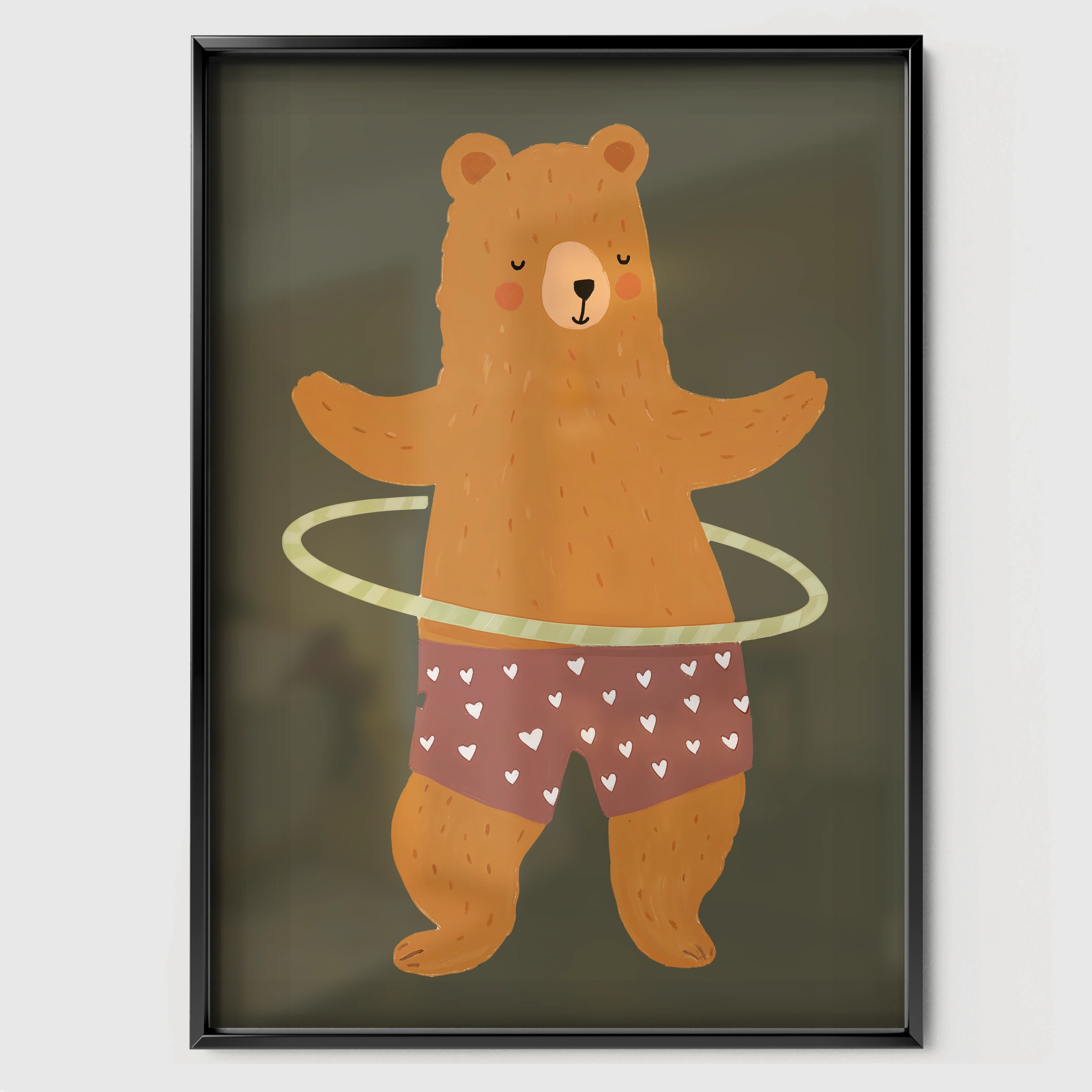 Hula Hoop Bear Nursery Print - black framed nursery wall art print
