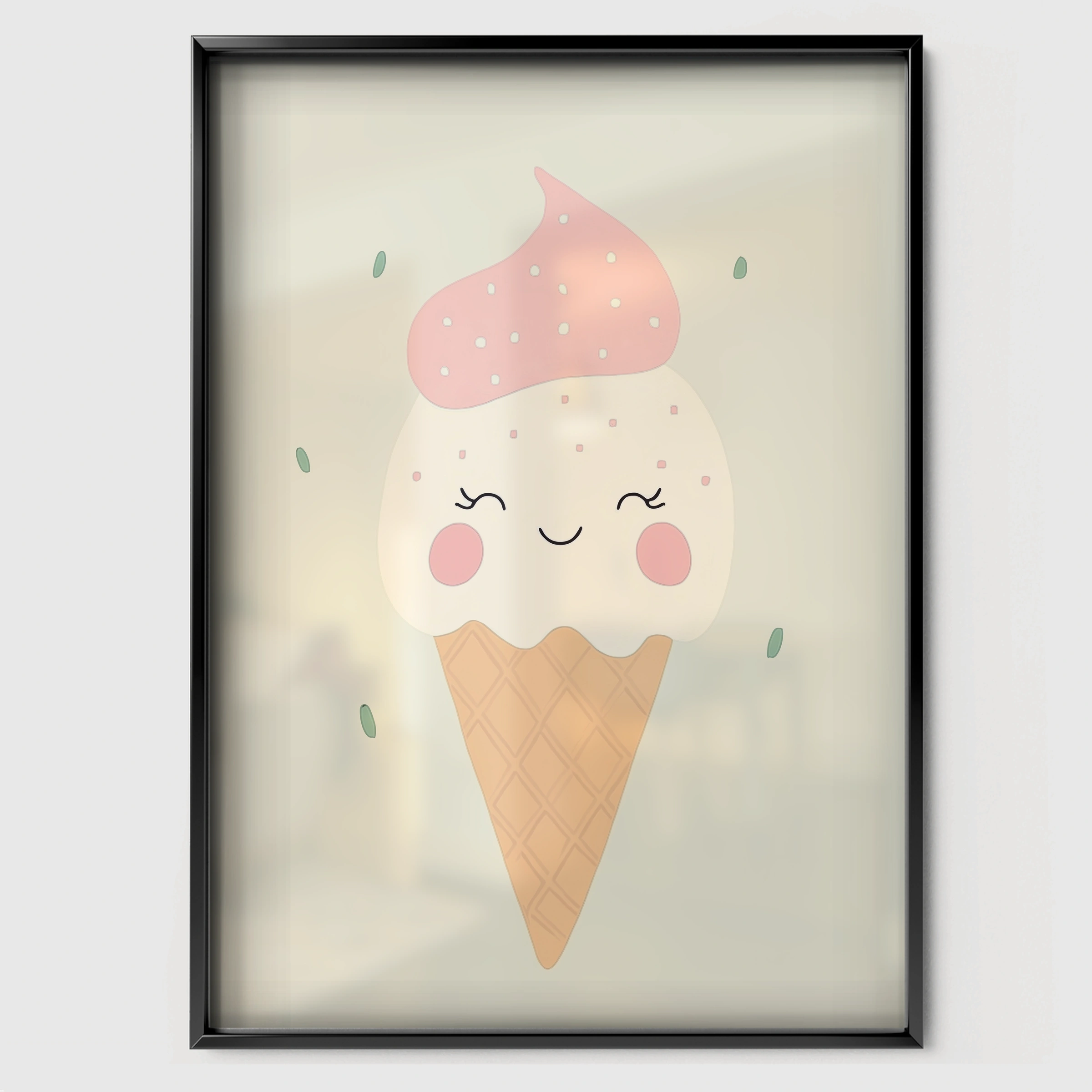 Ice Cream Whale Nursery Print - black framed nursery wall art print