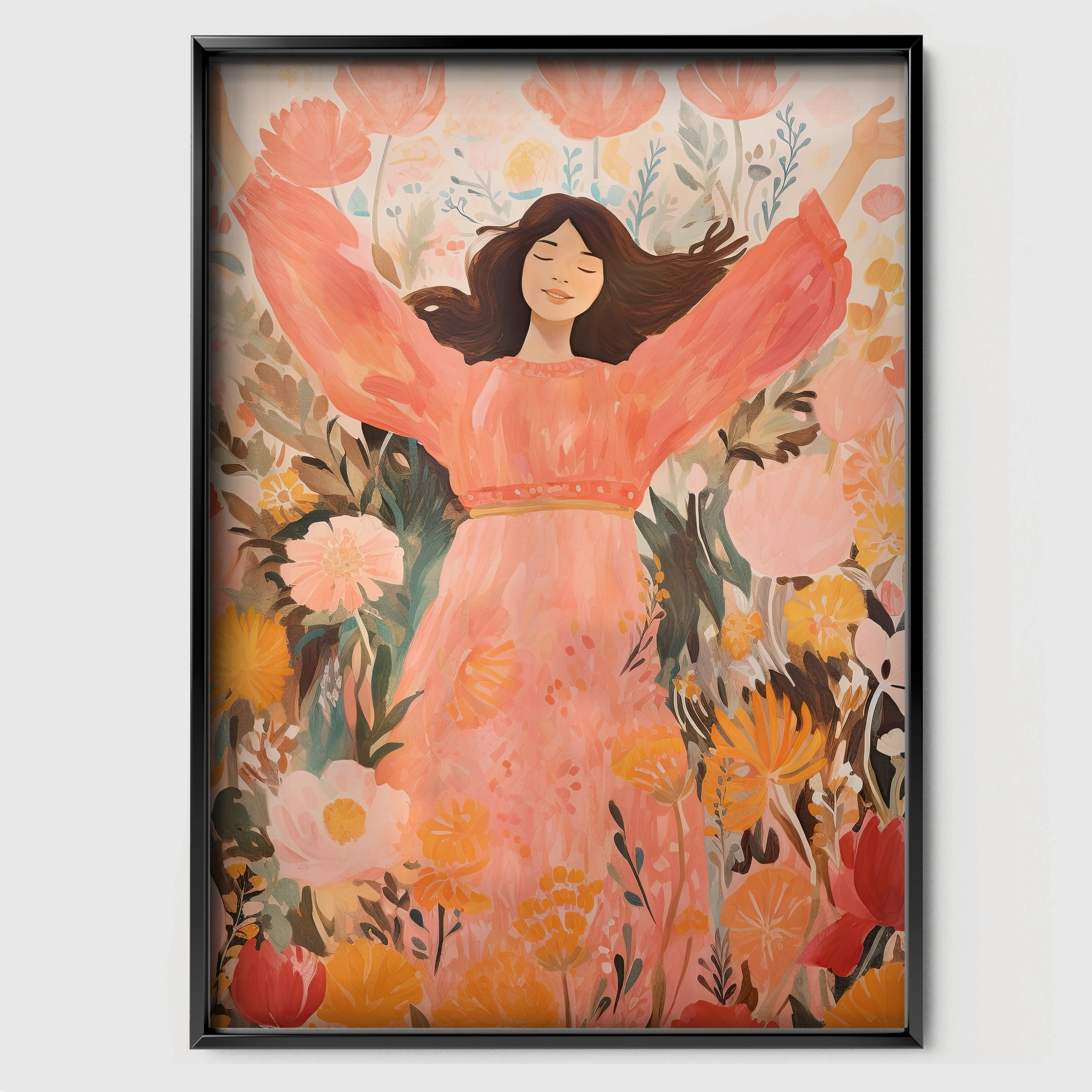 Joyful Flowers Figure Nursery Print - black framed nursery wall art print