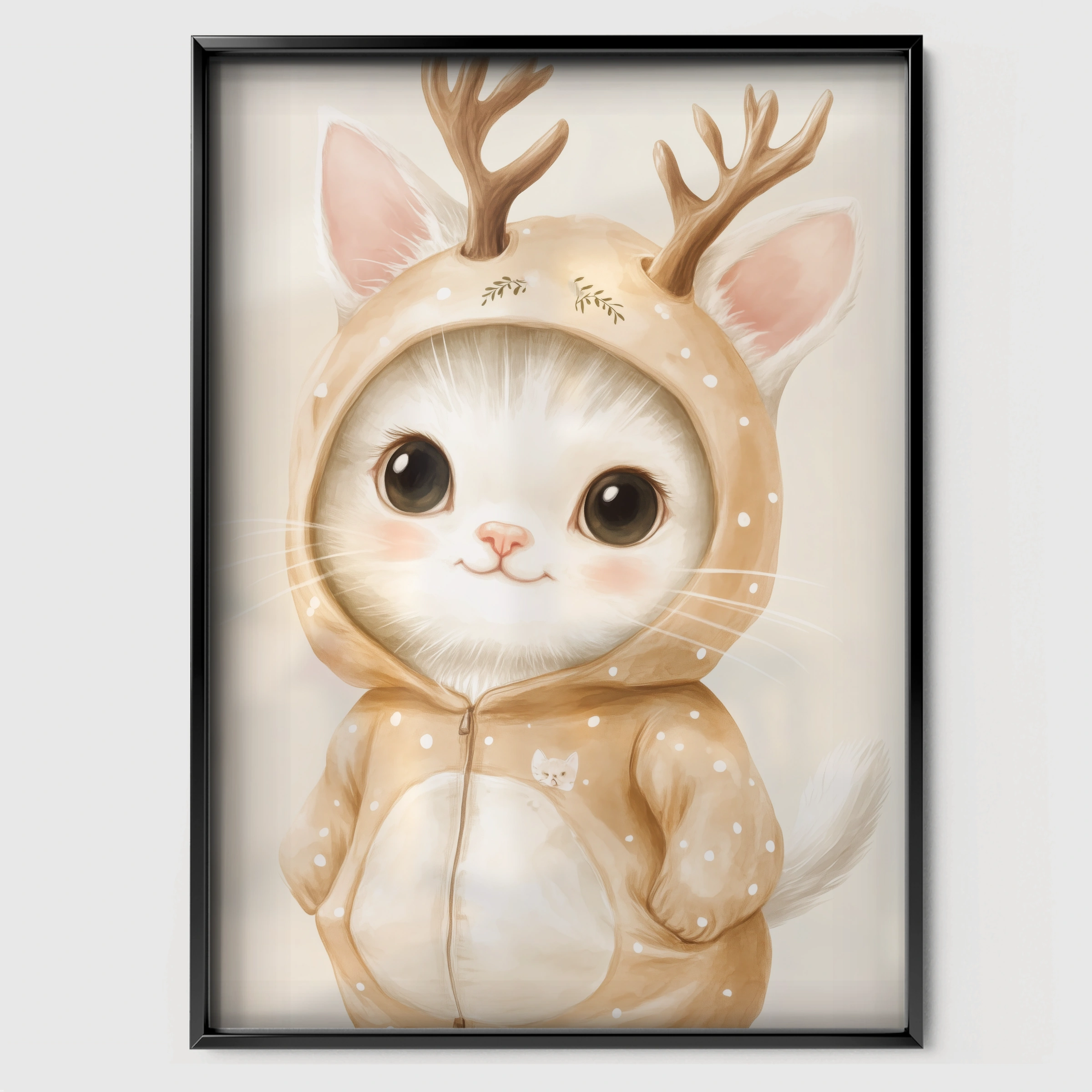 Kitten in a Reindeer Suit Christmas Print - black framed nursery wall art print