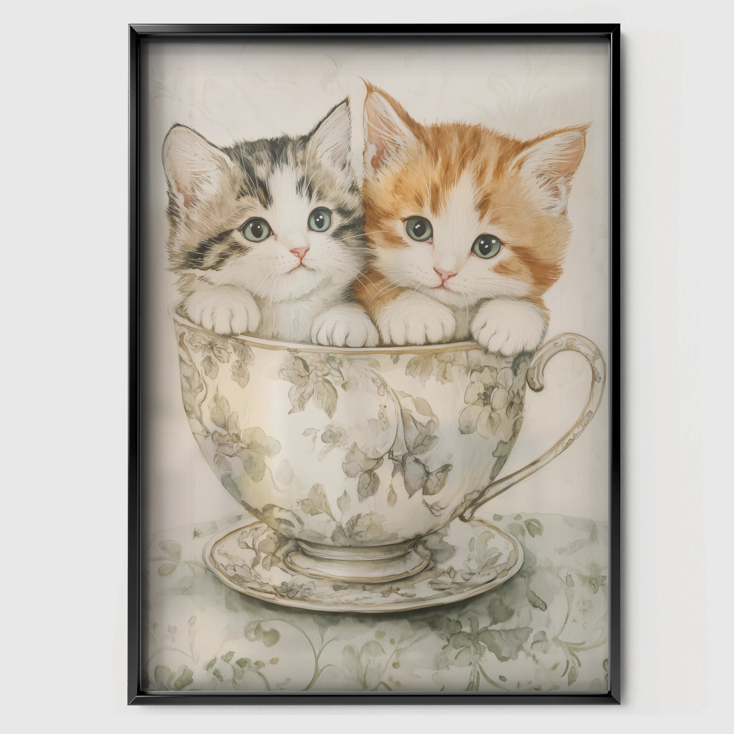 Kittens in a Teacup Nursery Print - black framed nursery wall art print