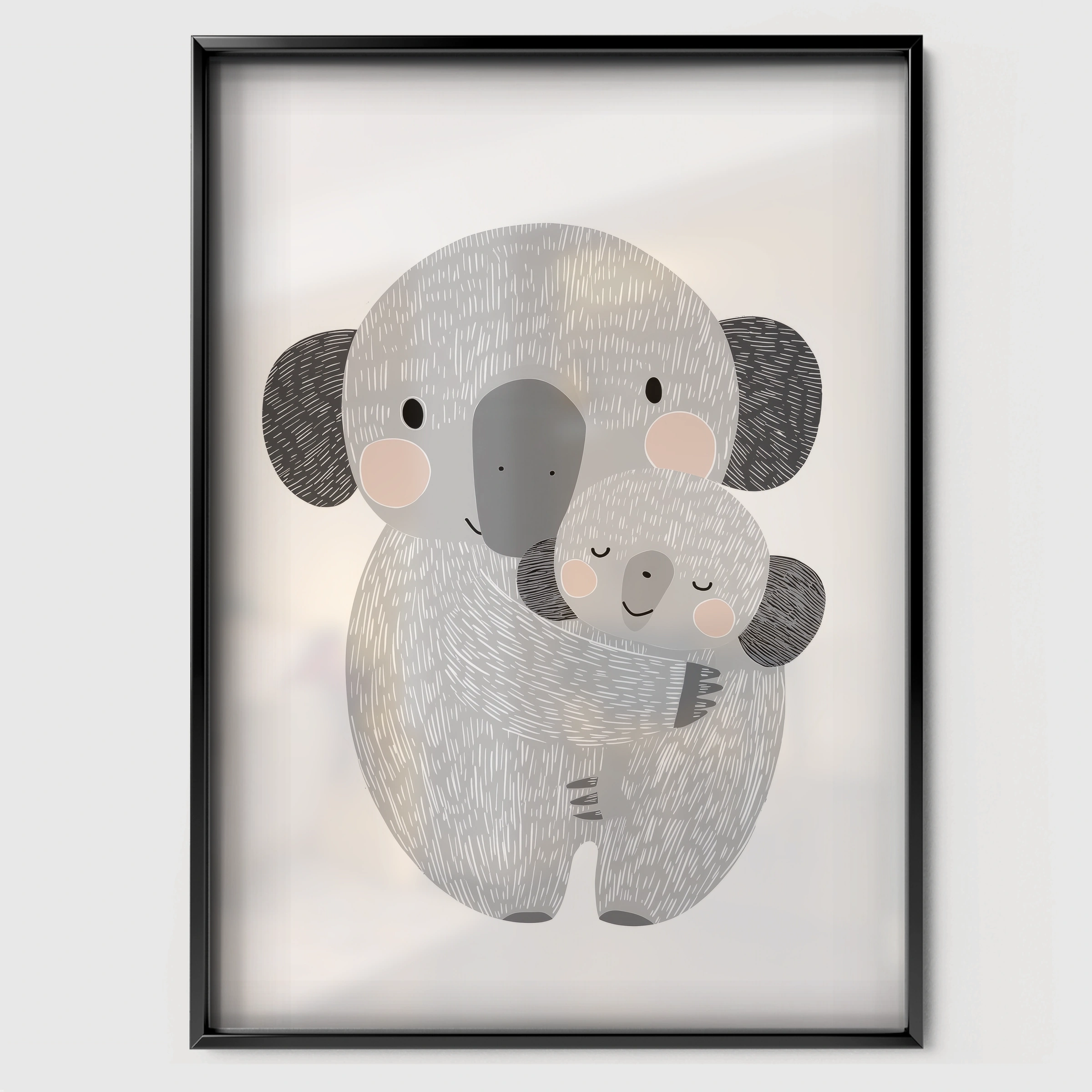 Koala Cuddle Nursery Print - black framed nursery wall art print