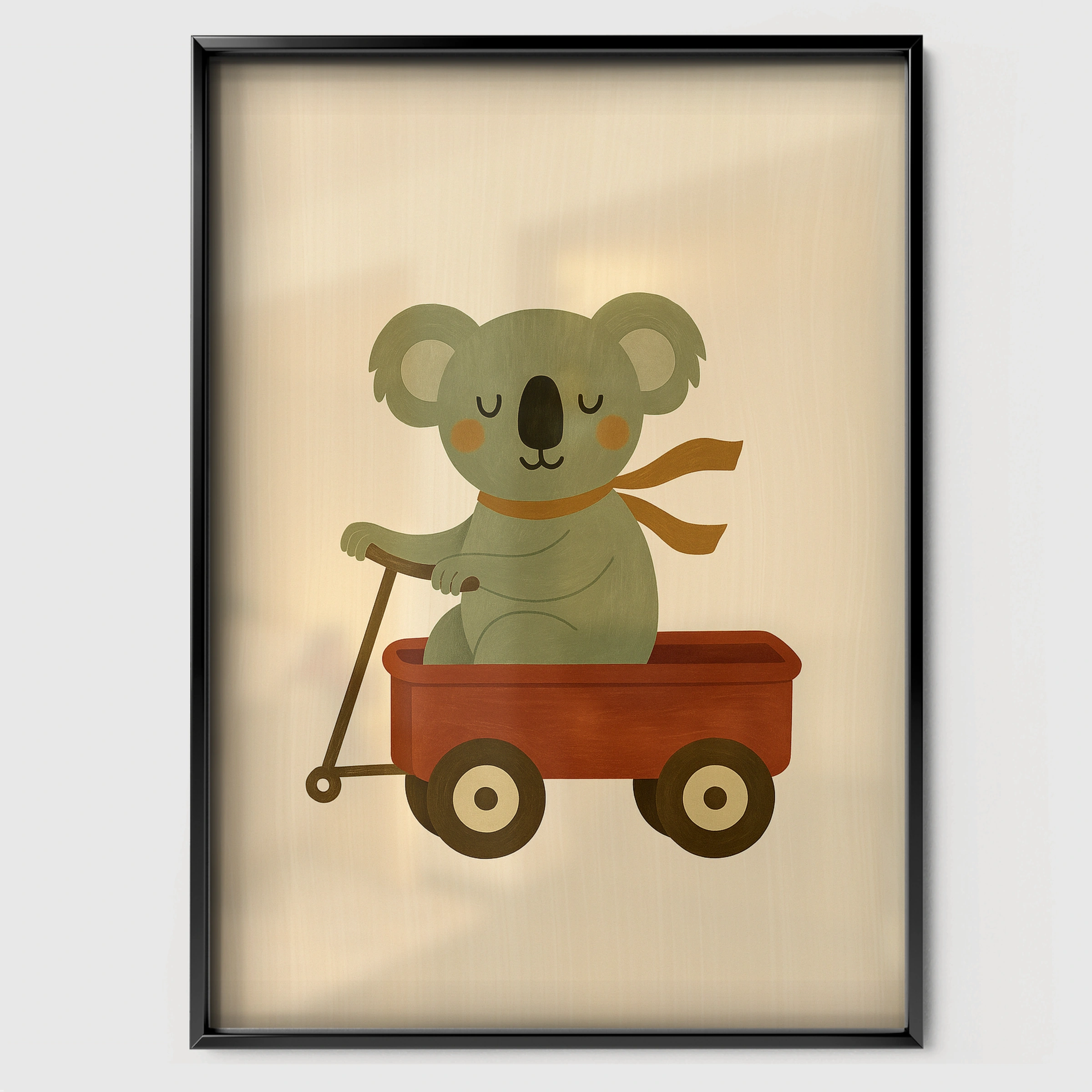 Koala in a Wagon Nursery Print - black framed nursery wall art print