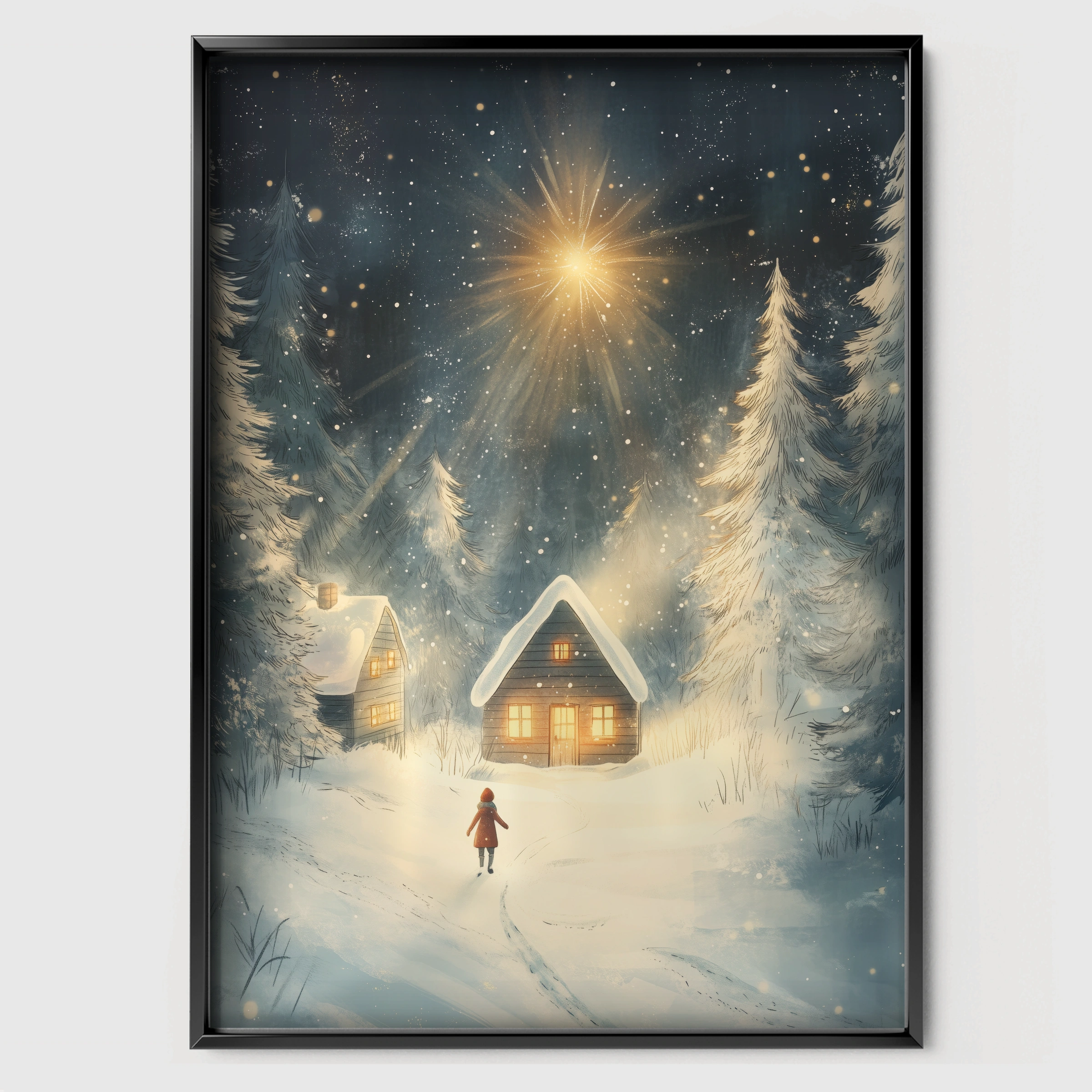 Lantern Cabin Christmas Print - black framed nursery wall art print
