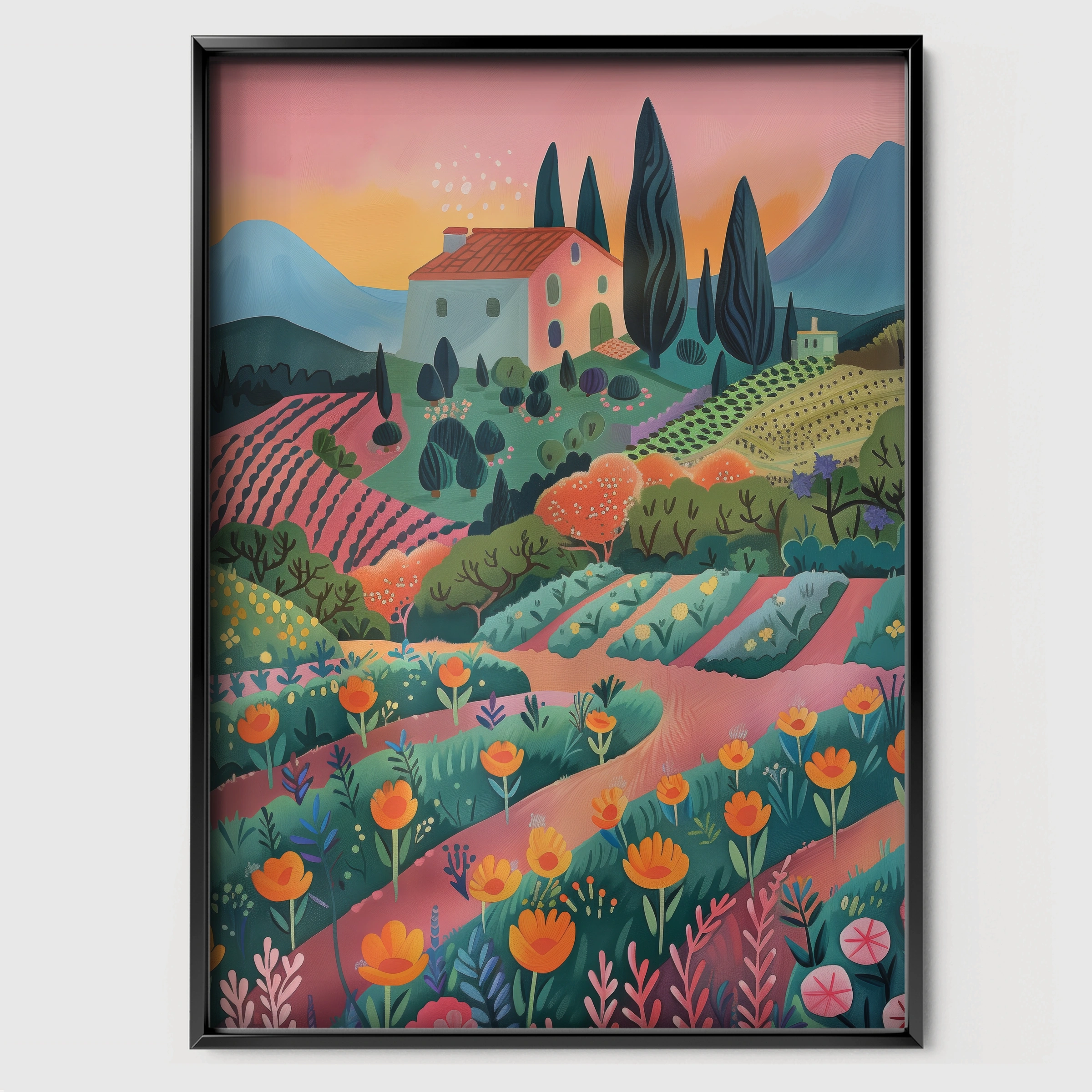 Lavender Fields Nursery Print - black framed nursery wall art print